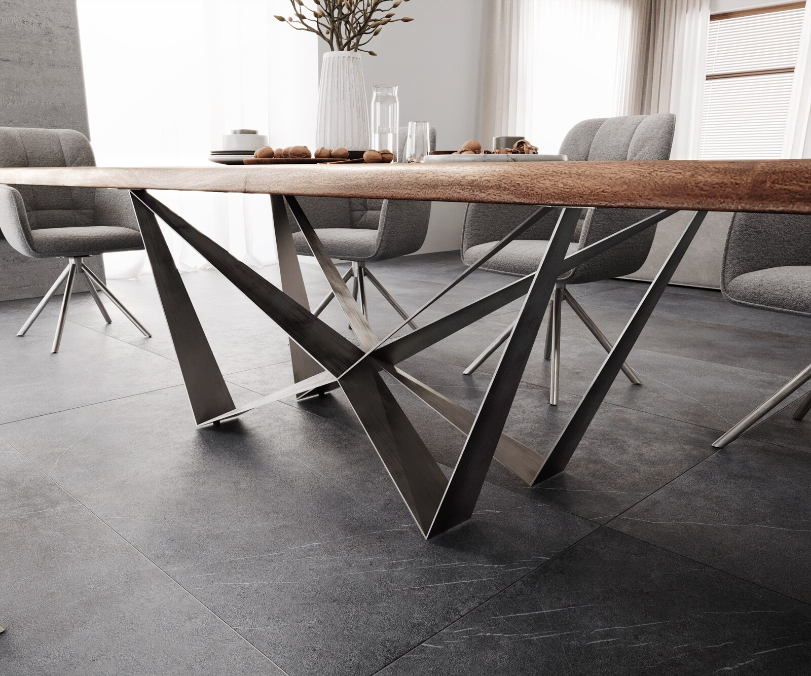 Esstisch Edge 300x100 XL Akazie Braun Spider Flachstahl Edelstahl Live-Edge 7