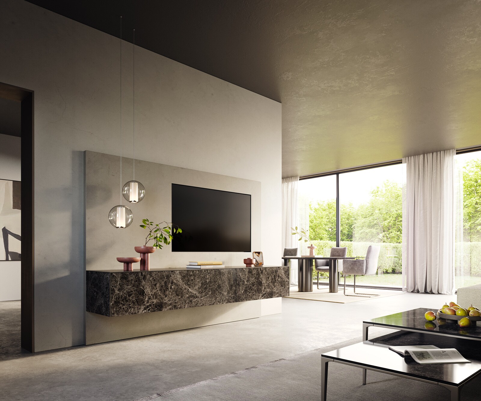 Lowboard Cuor 220 cm Keramik Laminam® Emperador Extra Lucidato Dunkelbraun 1 Klappe 2 Schubfächer Schwebend 6