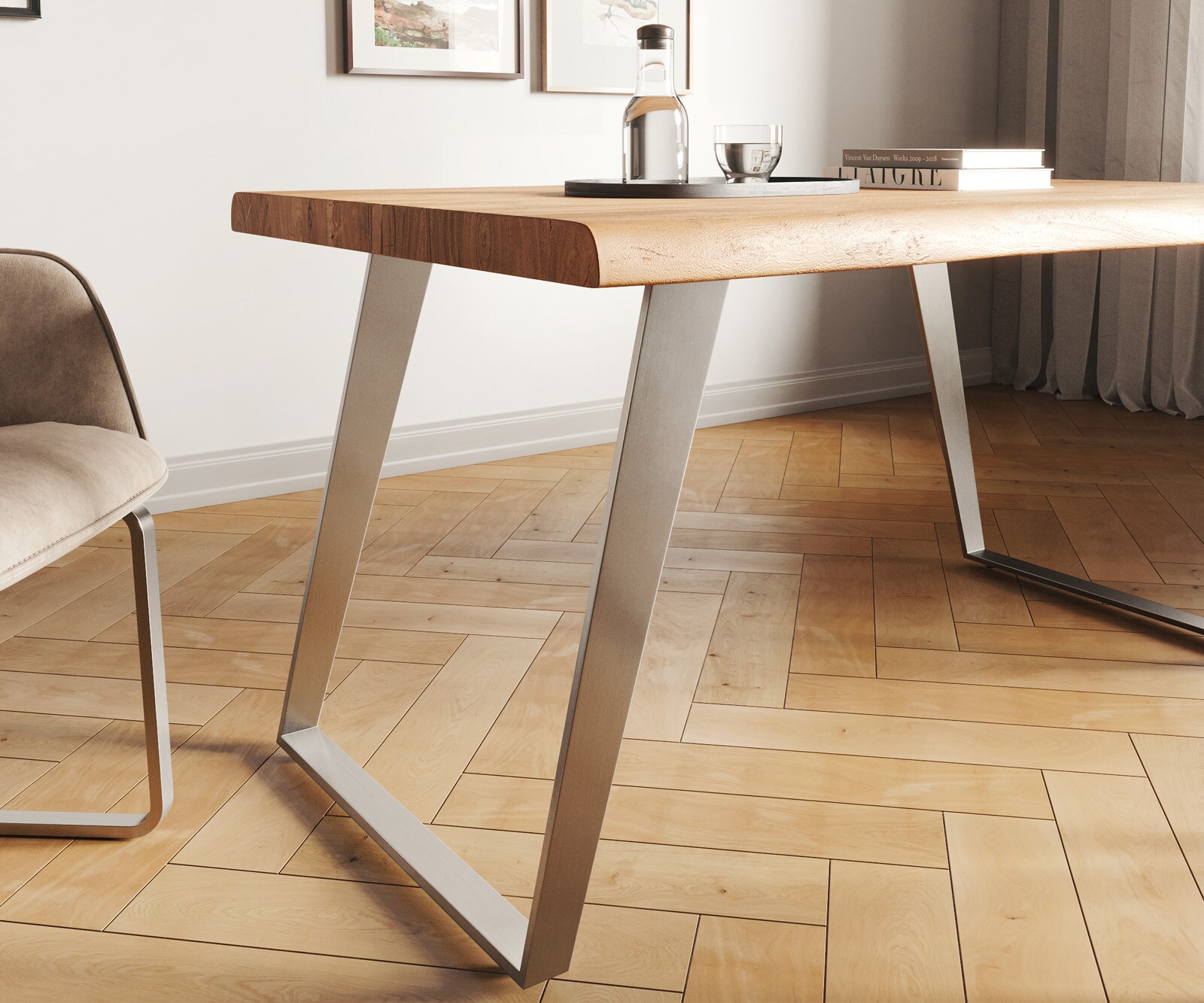 Table-à-manger Edge 140x90 XL acacia nature acier inoxydable incliné Live-Edge 4