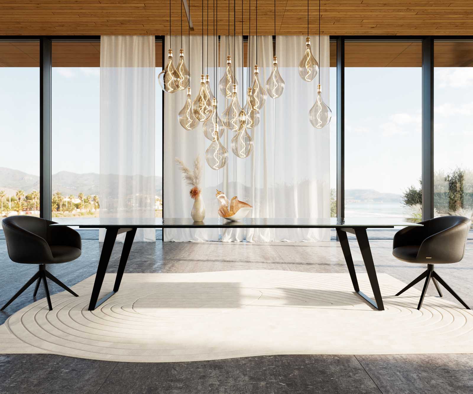 Esstisch Edge 300x100 Reliefglas Rauchschwarz 3D-Design Metall Schräg Schwarz 1 Esstisch Edge 300x100 Reliefglas Rauchschwarz 3D-Design Metall Schräg Schwarz 1