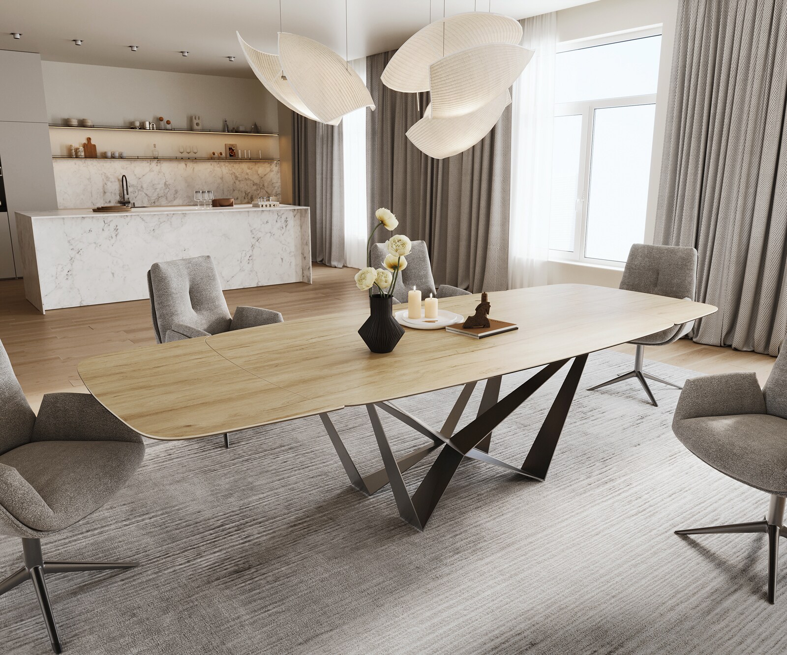 Esstisch Edge Boot 200-300x120 cm Keramik Laminam® Sabbia Eichefarbig Spider Flachstahl Edelstahl Graphit ausziehbar