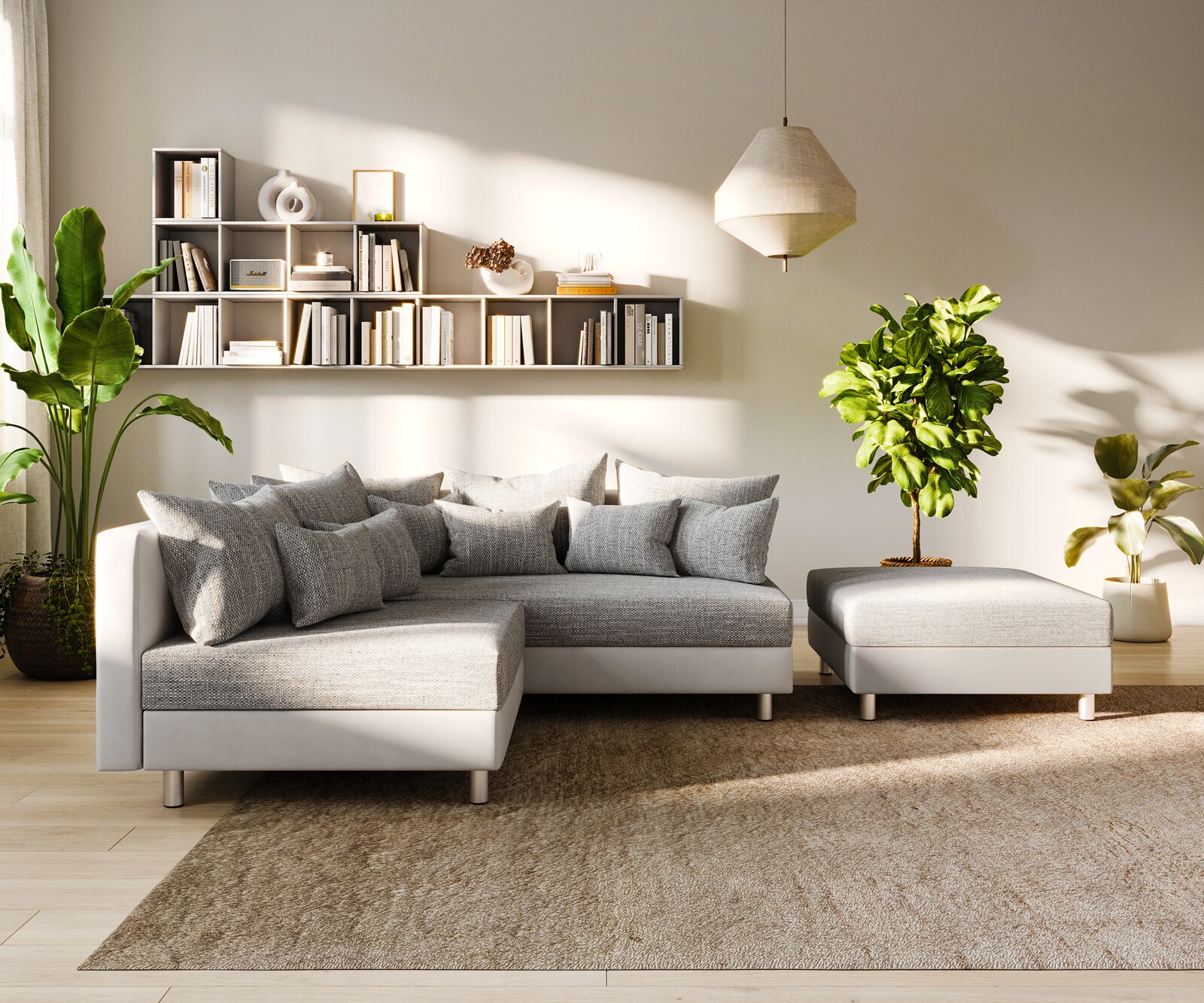 Ecksofa Clovis Weiss Hellgrau Hocker Ottomane Rechts modular 2