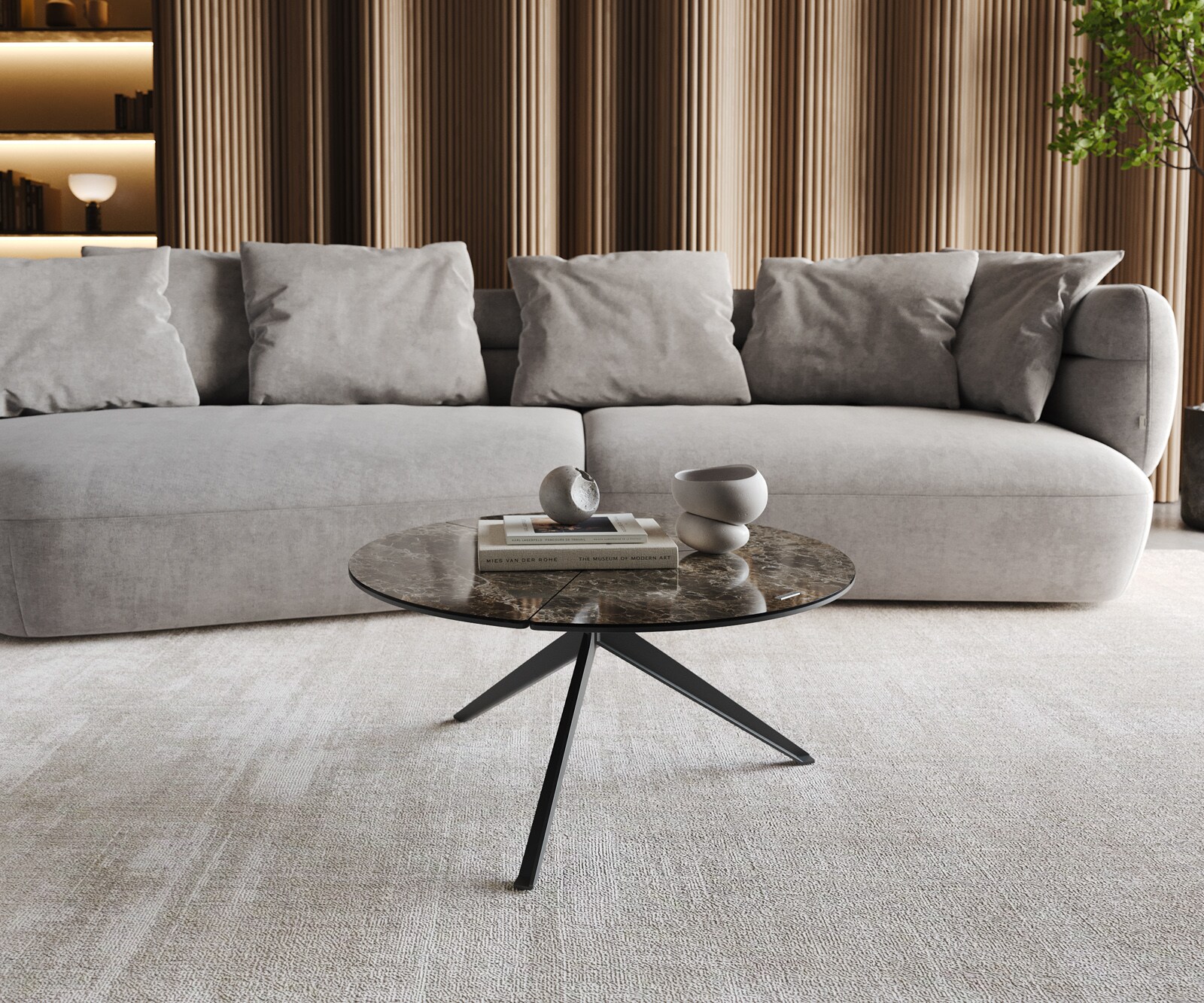 Couchtisch Delron 70x70 cm Keramik Emperador Extra Lucidato Dunkelbraun Kreuzfuß Flach Metall Schwarz 1