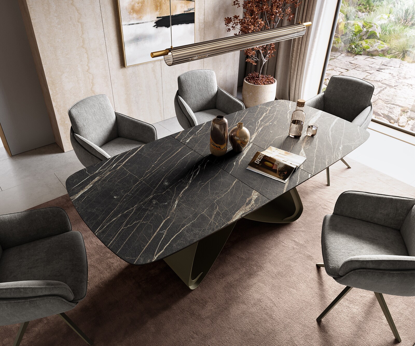 Esstisch Edge Boot 180-220x100 cm Laminam® Keramik Noir Desir Braun W-Gestell Metall Effektfinish Titan ausziehbar 3