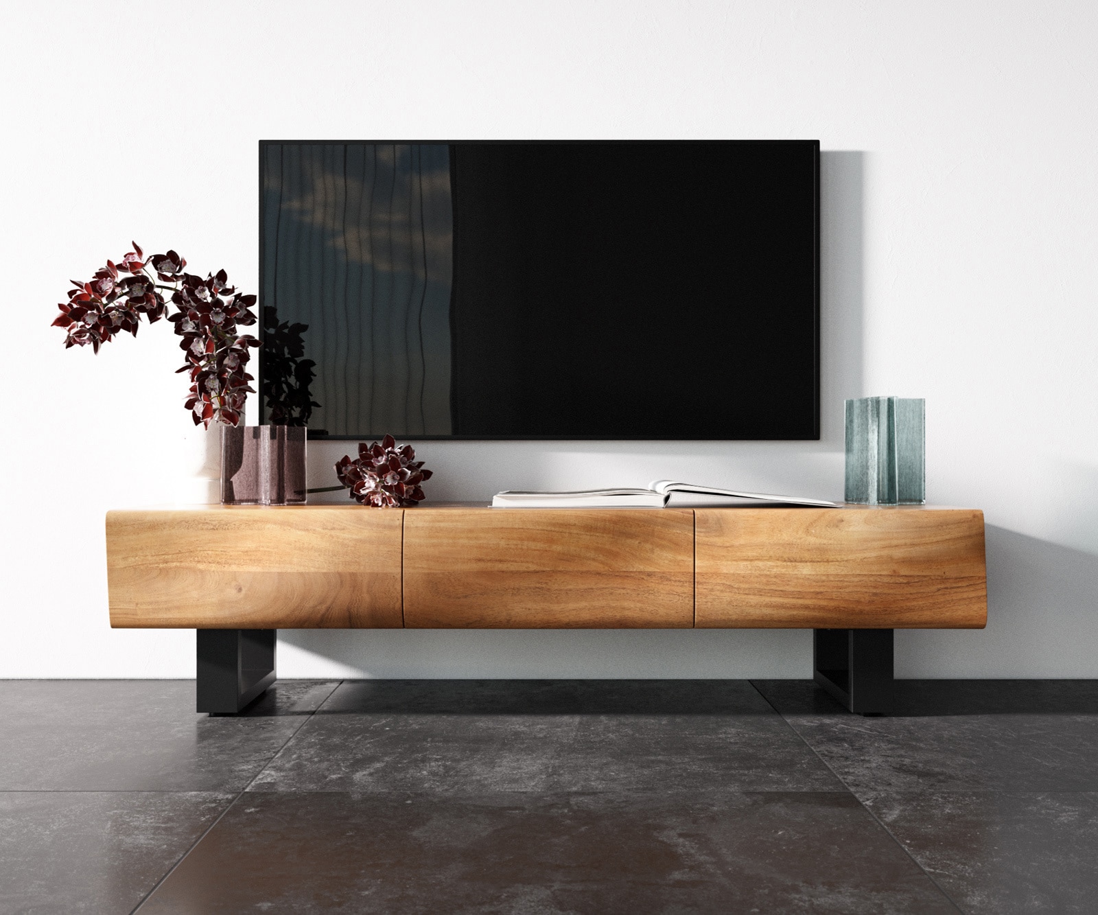 Meuble - TV New Live-Edge 145 cm acacia naturel 3 portes patin métal noir 3 Meuble - TV New Live-Edge 145 cm acacia naturel 3 portes patin métal noir 3