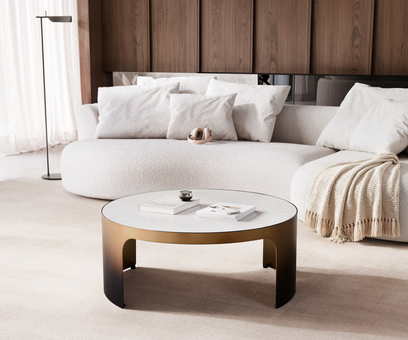 Table-basse Alerio 90 x 90 cm, marbre blanc, métal doré, effet ombré 3