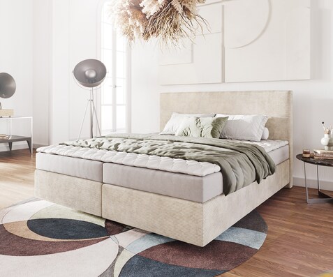 Boxspringbett Dream-Well 180x200 cm Cord Beige mit Matratze und Topper