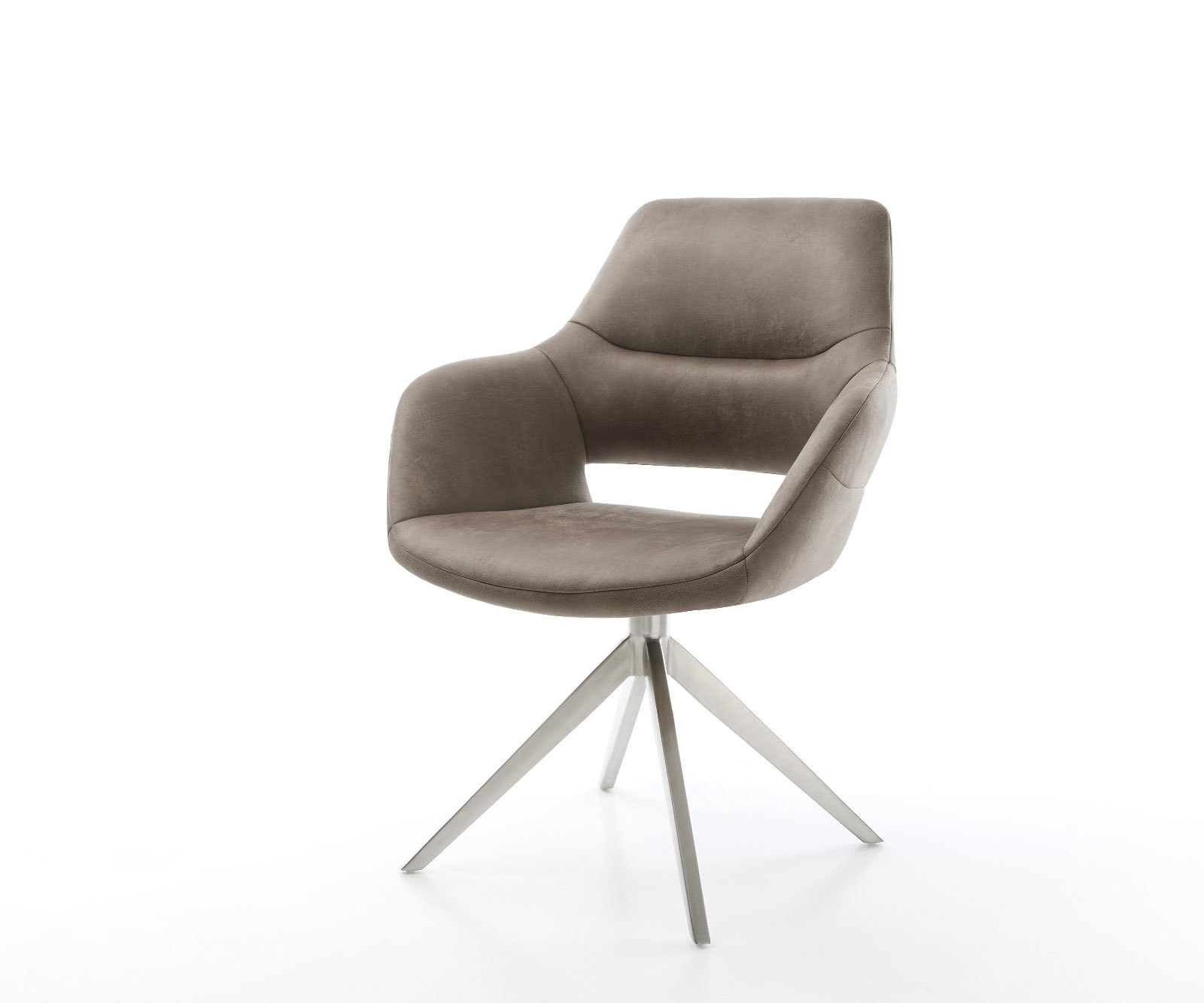 Chaise-pivotante Yago-Flex microvelours taupe vintage pied croisé large acier inoxydable brossé pivotement sur 360° fonction bascule ressorts ensachés
