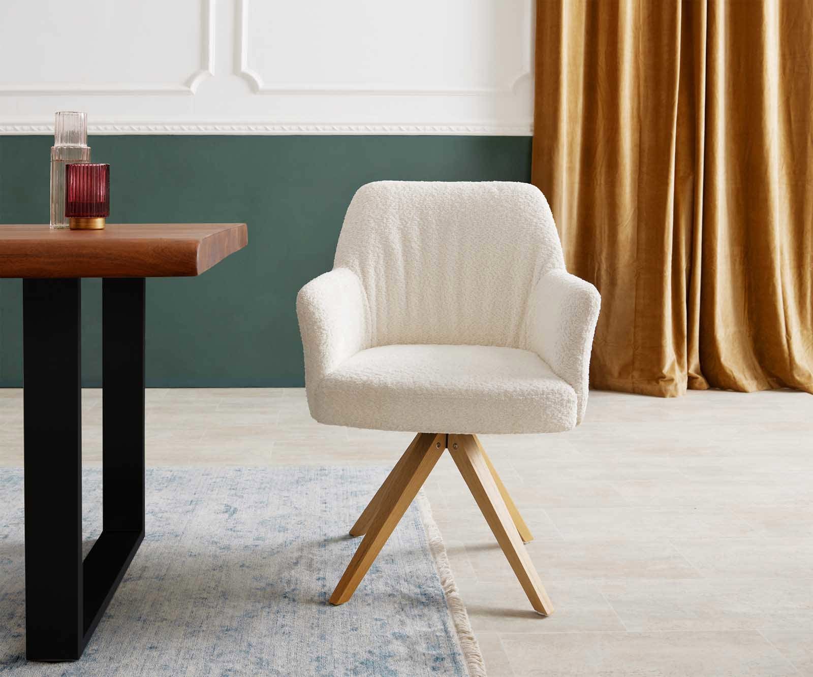 Drehstuhl Xana-Flex mit Armlehnen Bouclé Weiß Holzgestell kantig Natur 180° drehbar Taschenfederkern 1 Drehstuhl Xana-Flex mit Armlehnen Bouclé Weiß Holzgestell kantig Natur 180° drehbar Taschenfederkern 1