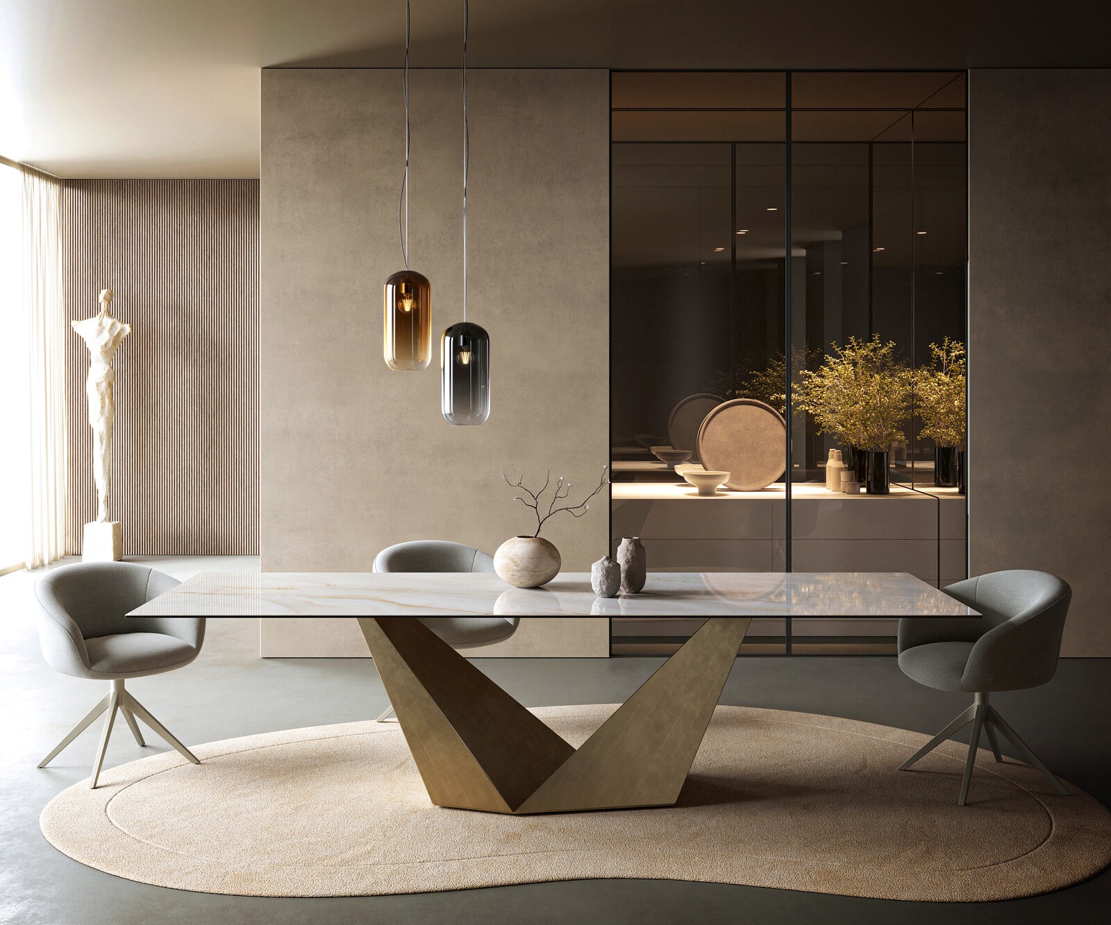 Table à manger Edge 300x100 cm céramique Onyx Pearl Prisma métal doré 1