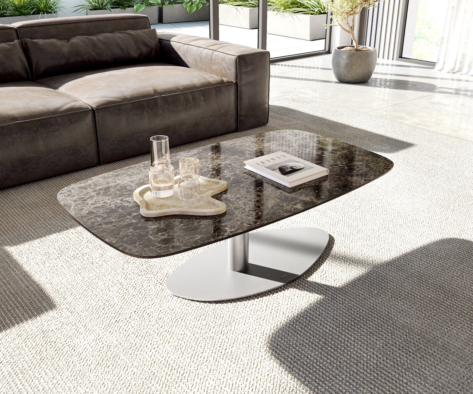 Table basse Edge bateau 120x70 cm céramique Emperador Extra Lucidato brun foncé Vibany acier inoxydable brossé