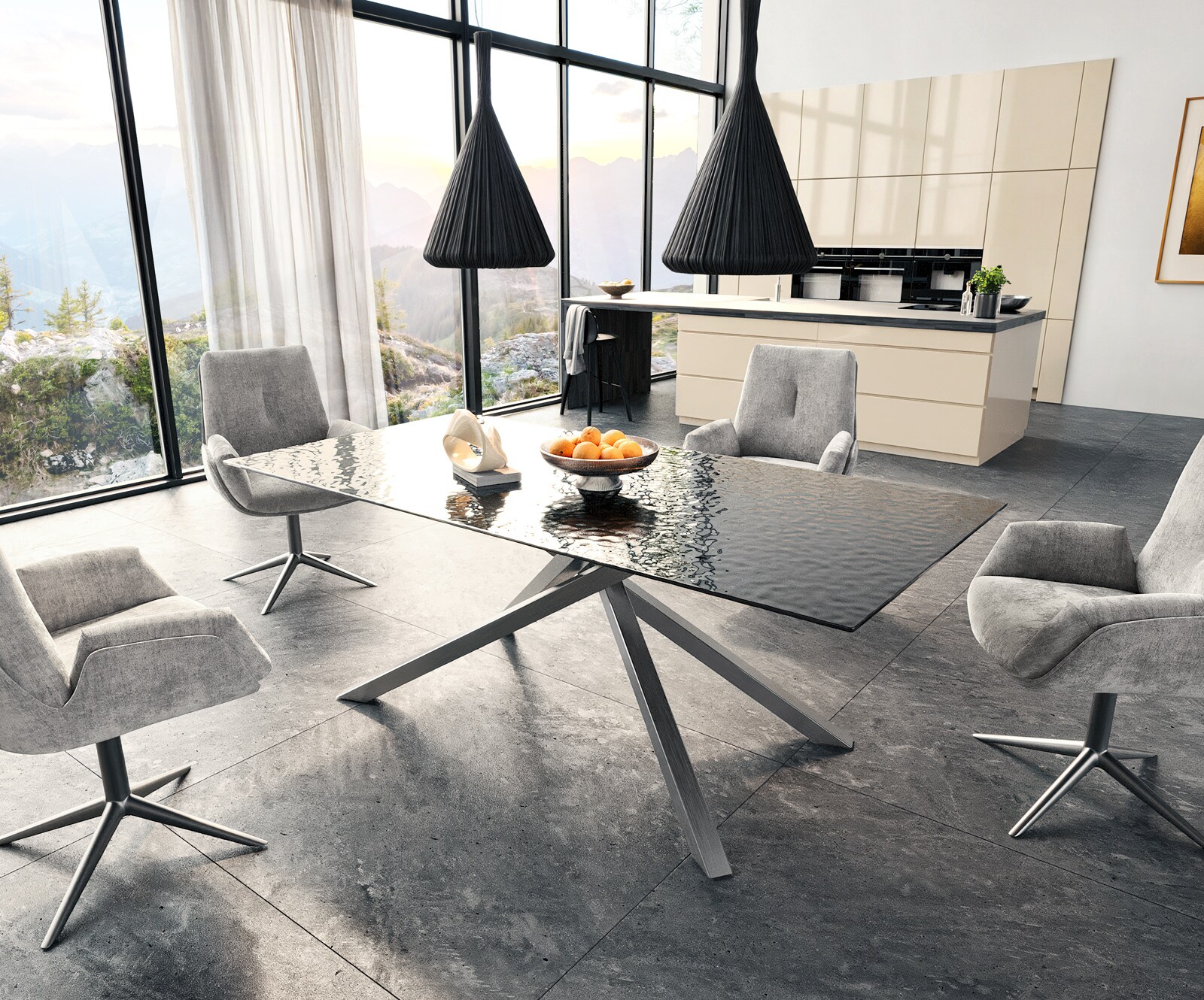 Esstisch Edge 200x100 Reliefglas Rauchschwarz 3D-Design Kreuzgestell Rechteck Edelstahl 5