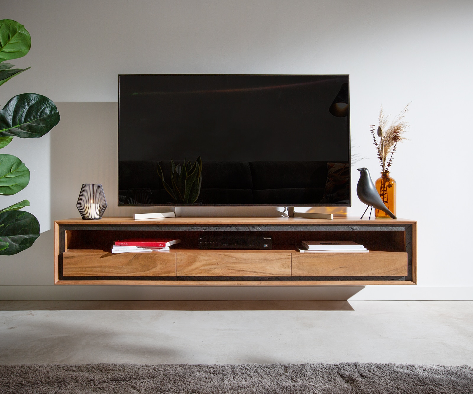Buffet bas Stonegrace 175 cm acacia nature 1 compartiment 3 tiroirs  placage en pierre flottant 1 Buffet bas Stonegrace 175 cm acacia nature 1 compartiment 3 tiroirs  placage en pierre flottant 1
