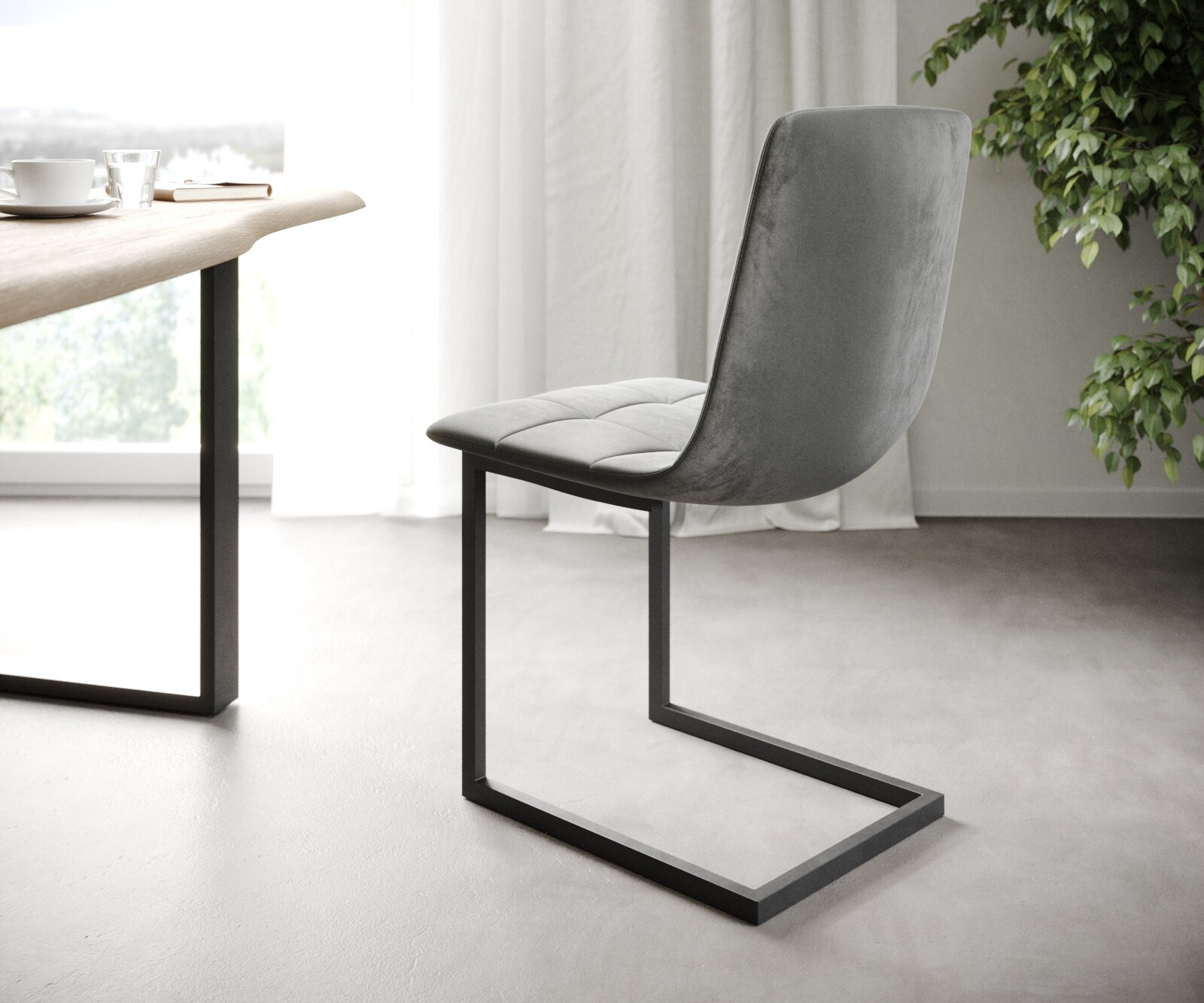 4-er-Set-Esszimmerstuhl Caro-Adesso Hellgrau Samt Freischwinger 1