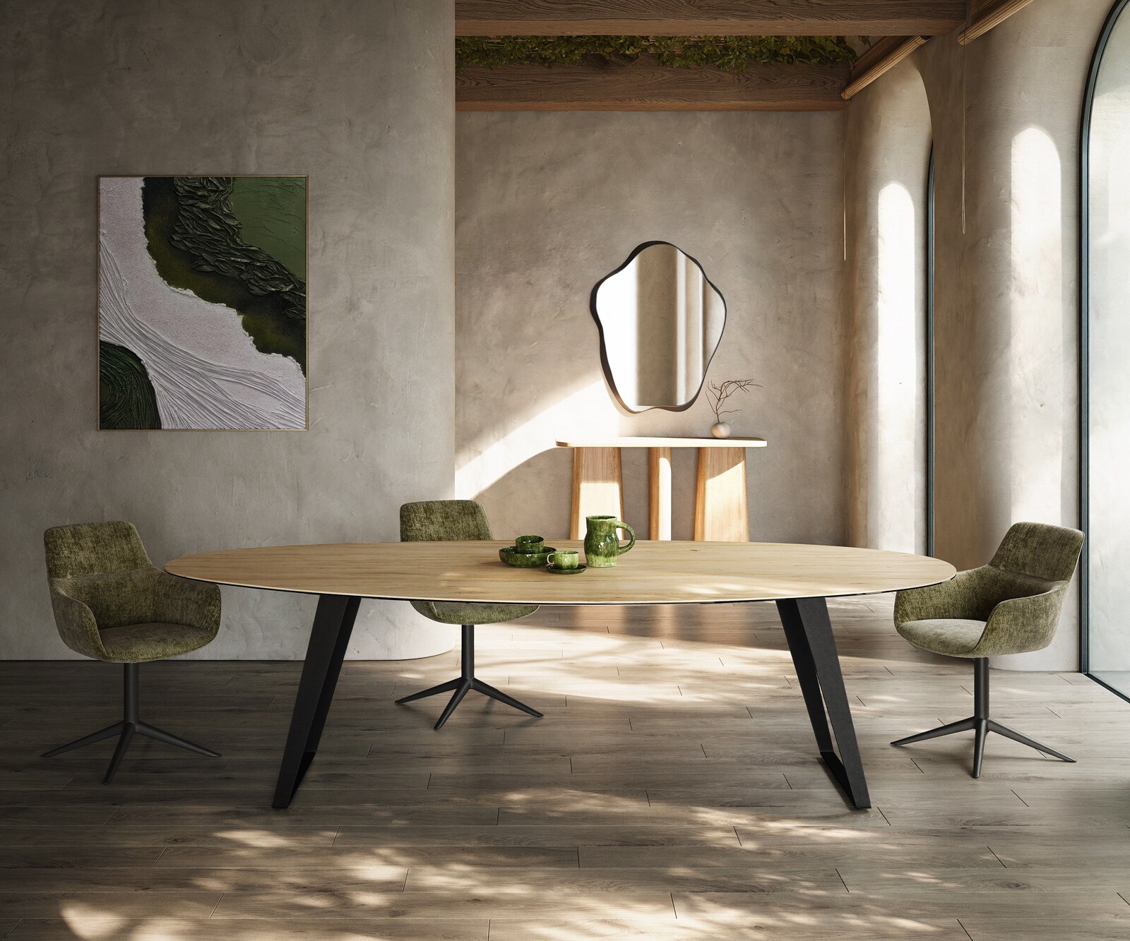 Esstisch Edge Oval 280x130 cm Keramik Laminam® Sabbia Eichefarbig Metall Schräg Schwarz 1