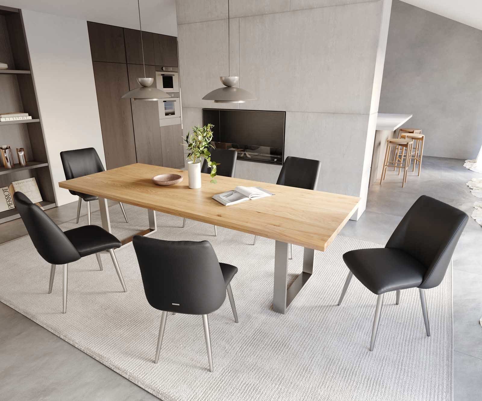 Esszimmerstuhl Elso-Flex Echt-Leder Schwarz 4-Fuß konisch Edelstahl Taschenfederkern 4 Esszimmerstuhl Elso-Flex Echt-Leder Schwarz 4-Fuß konisch Edelstahl Taschenfederkern 4