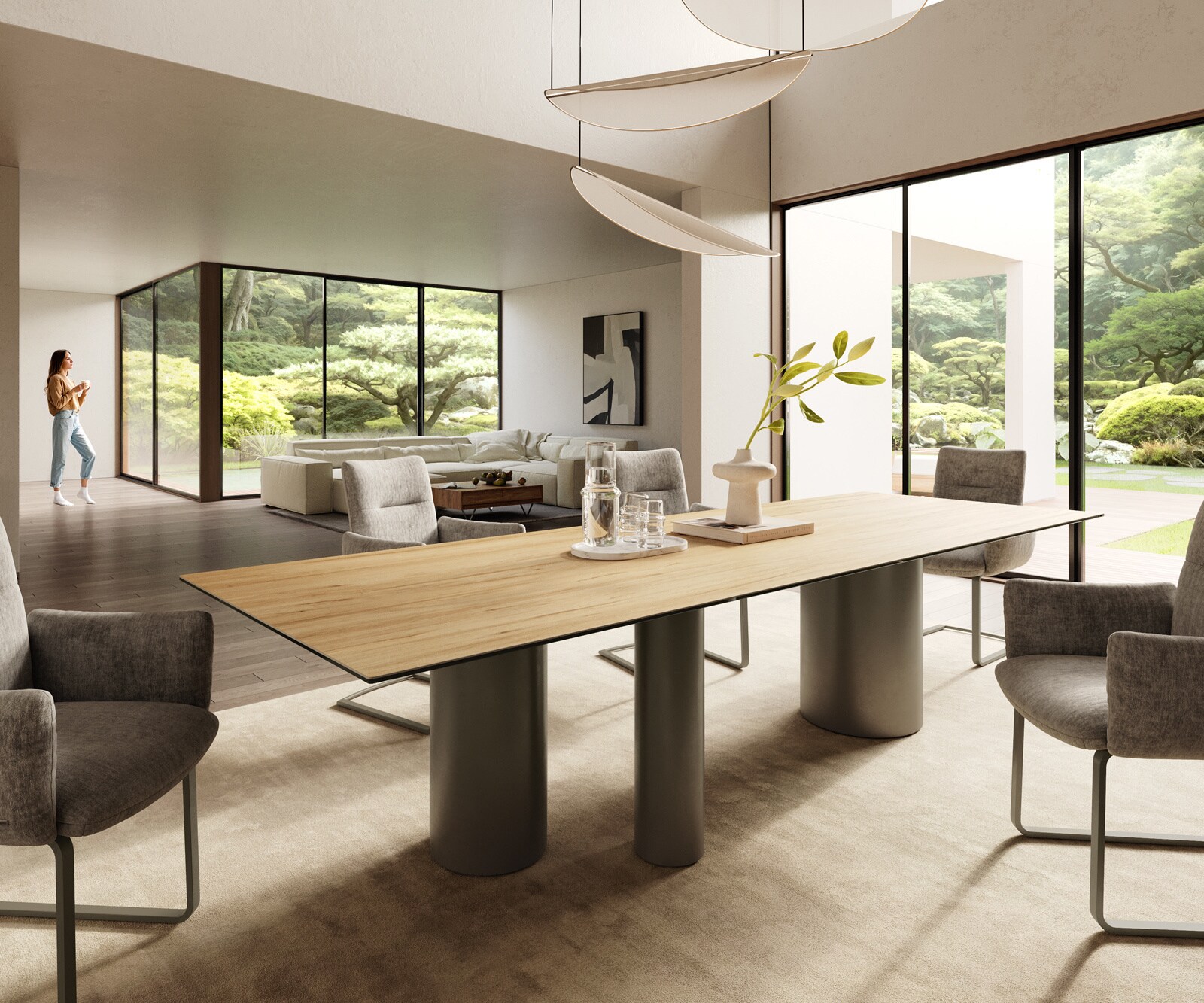 Esstisch Edge 300x100 Keramik Laminam® Sabbia Eichefarbig Troa Metall Effektfinish Titan