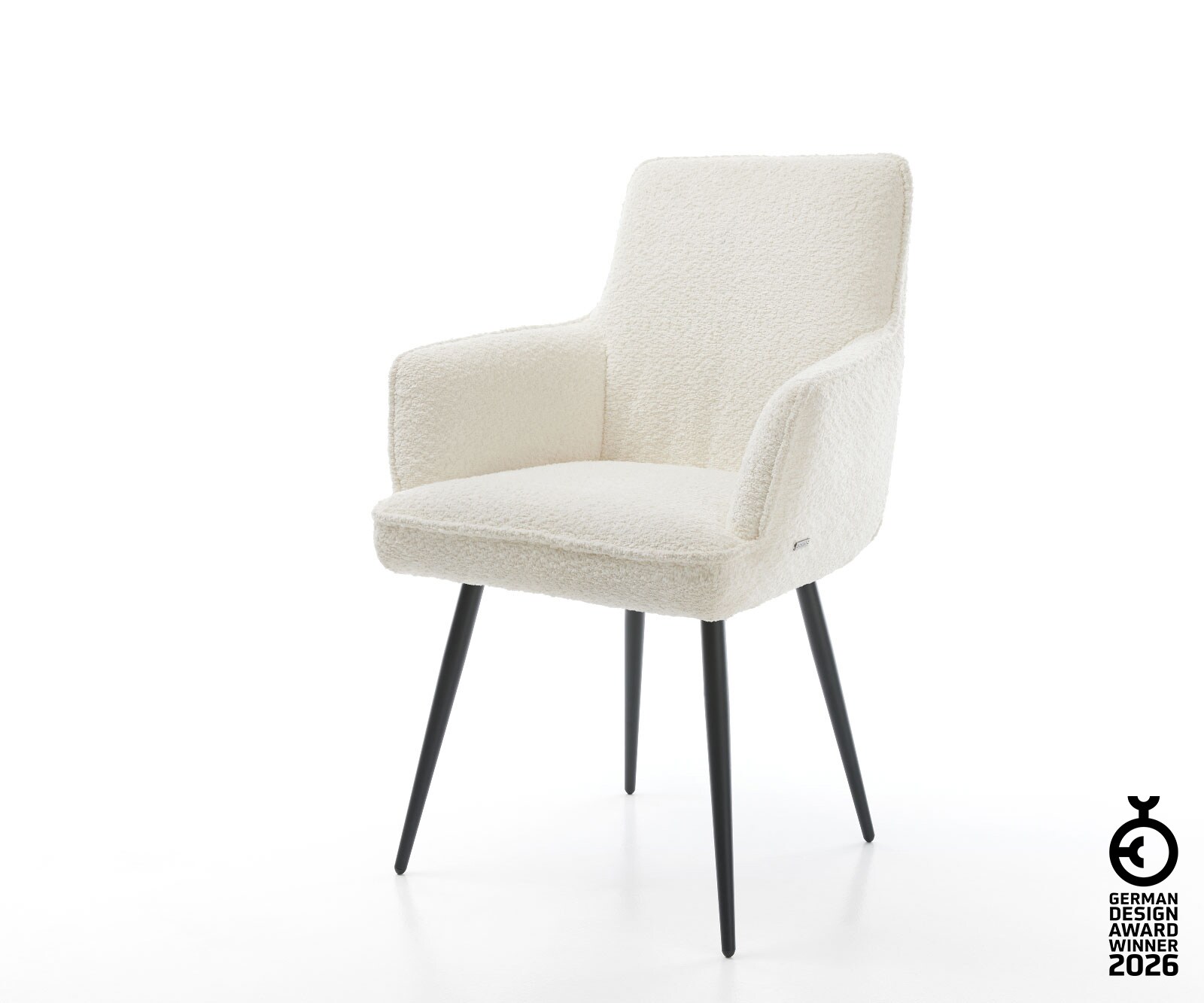 Chaise-de-salle-à-manger Heira-Flex avec accoudoirs bouclé blanc 4 pieds coniques noir ressorts ensachés