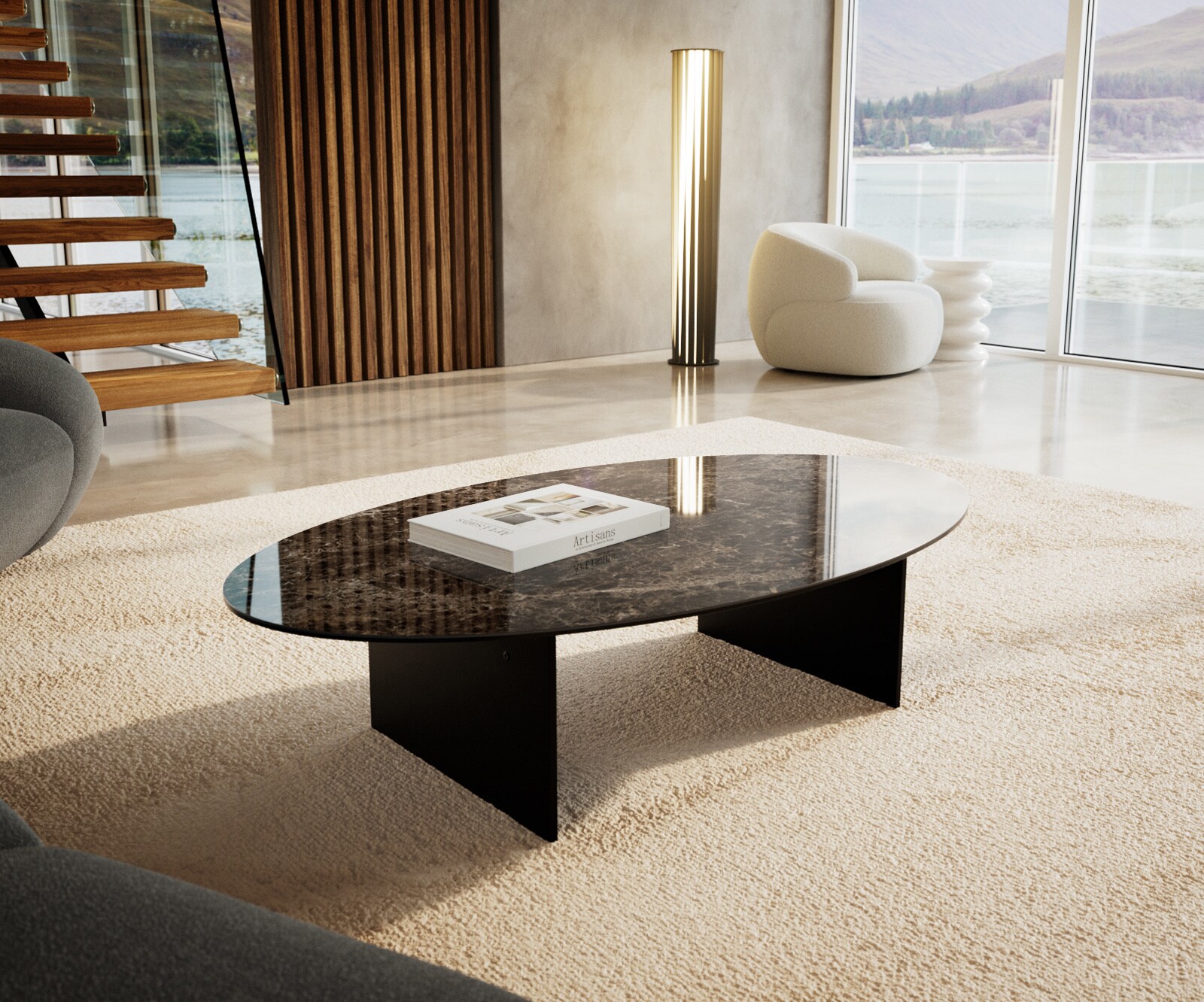Couchtisch Edge Oval 140x80 cm Keramik Emperador Extra Lucidato Dunkelbraun Salto Metall Schwarz