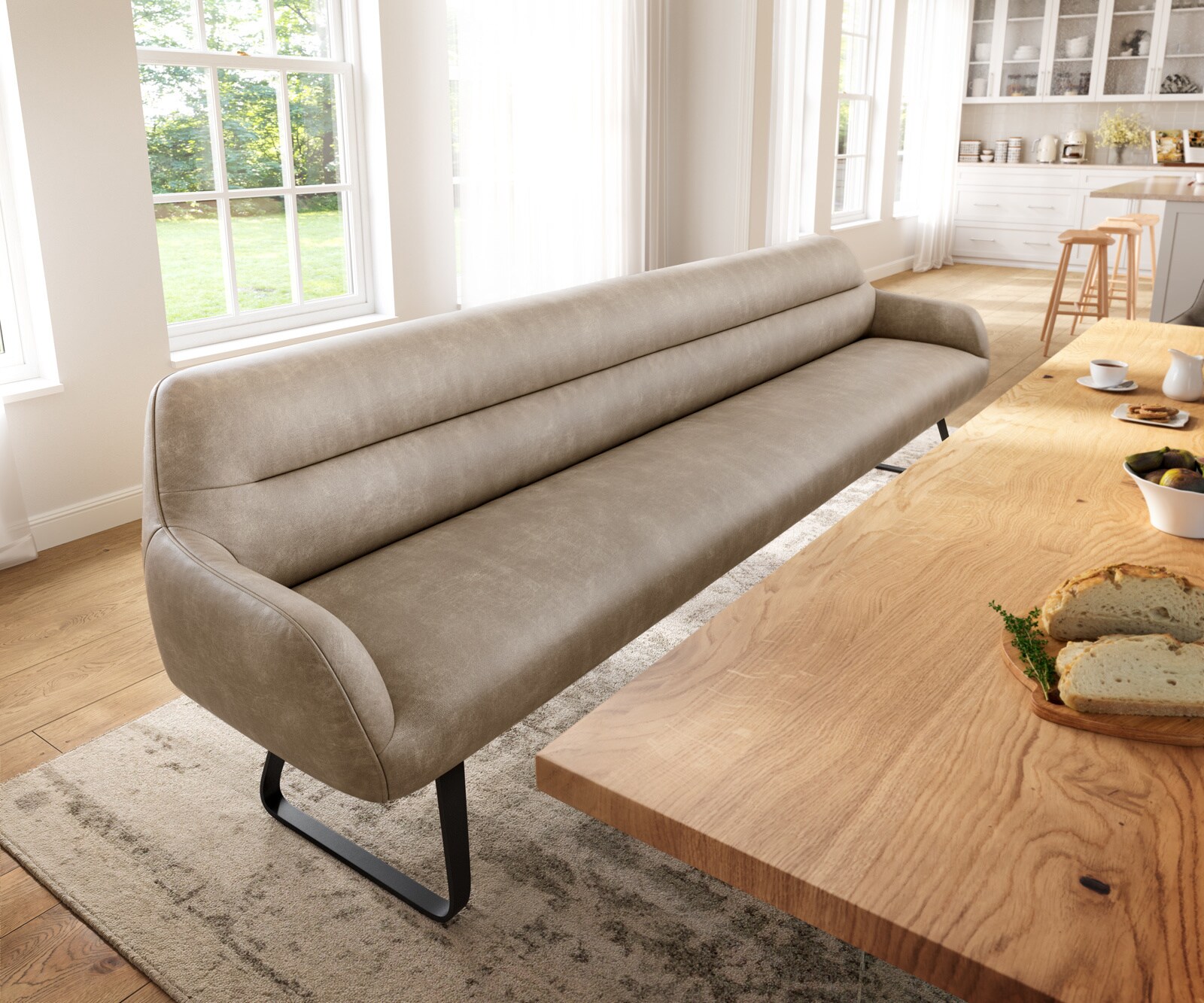 Esszimmerbank Taya-Flex 300 cm Mikrofaser Beige Vintage Kufengestell flach Schwarz Taschenfederkern 1