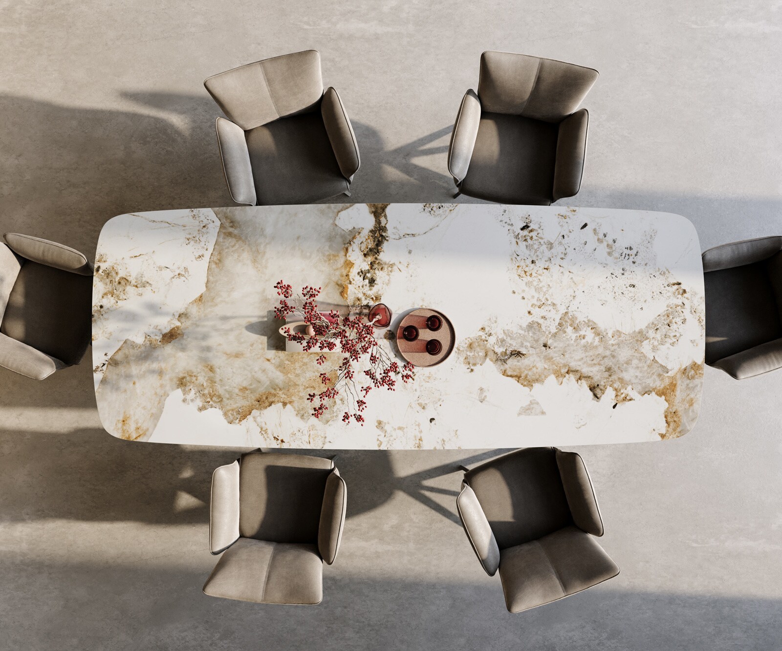 Esstisch Edge Boot 300x120 cm Keramik Minas Melange Weiß-Beige Troa Edelstahl gebürstet 3