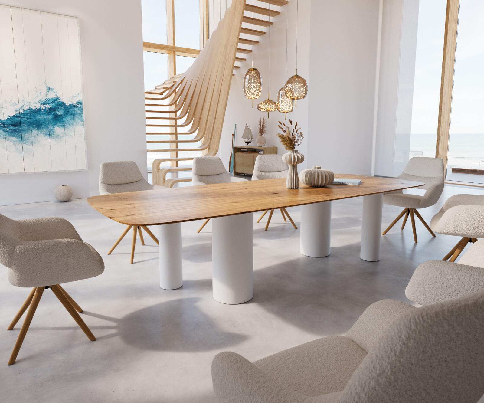 Table à manger Edge Boot 300x120x2,5-3 Chêne Nature Pilier Métal Blanc Bord suisse 1