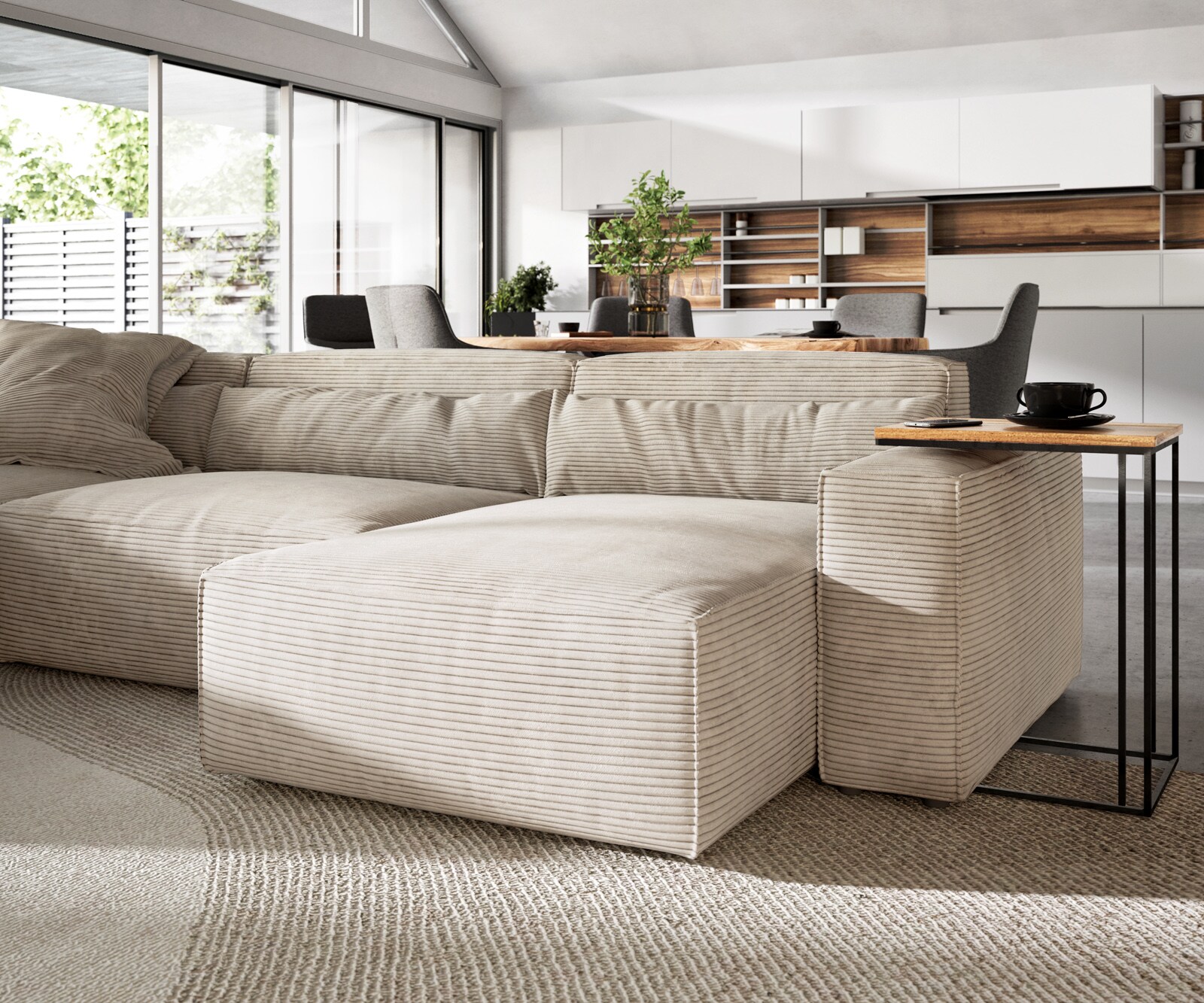 Wohnlandschaft Sirpio 300x200 cm Cord Beige Recamiere variabel mit Hocker 4