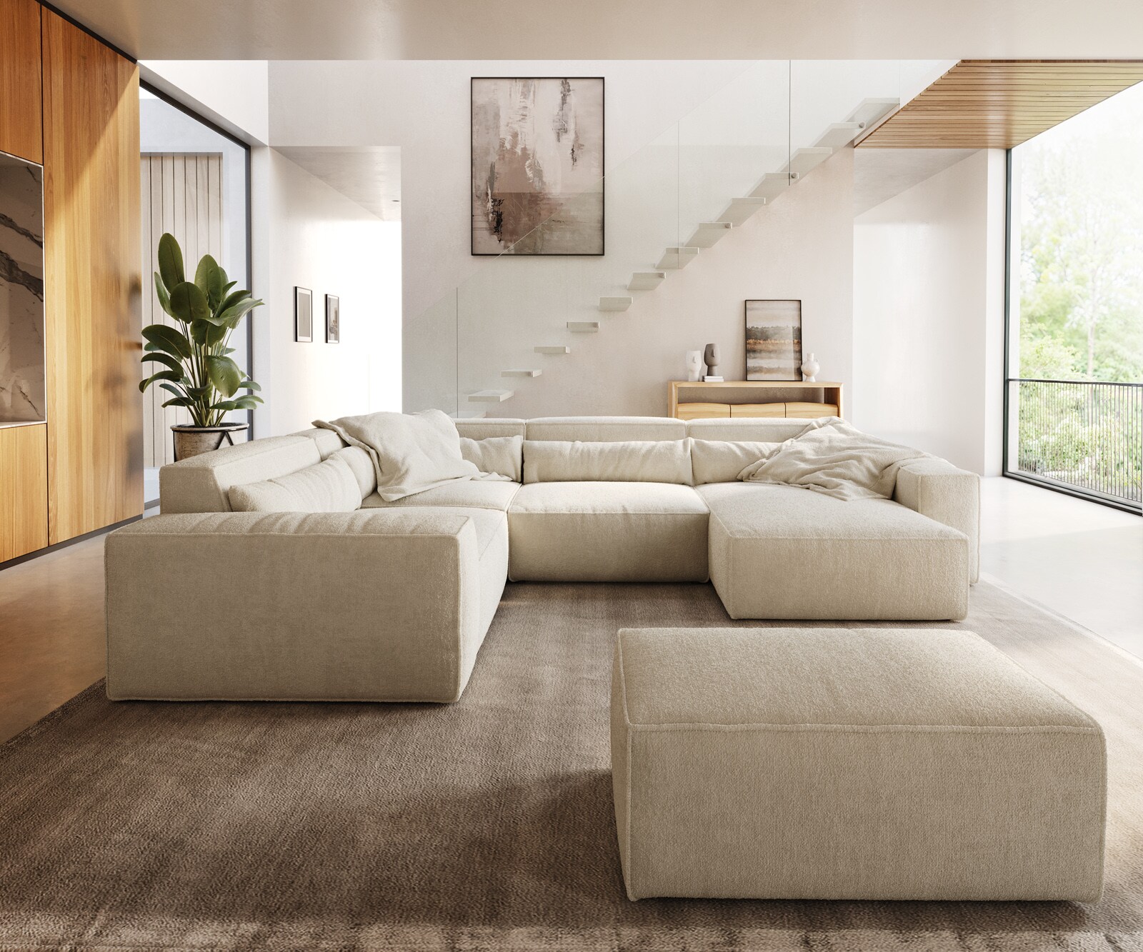 Wohnlandschaft Sirpio 300x200 cm Bouclé Creme-Weiß Recamiere variabel mit Hocker