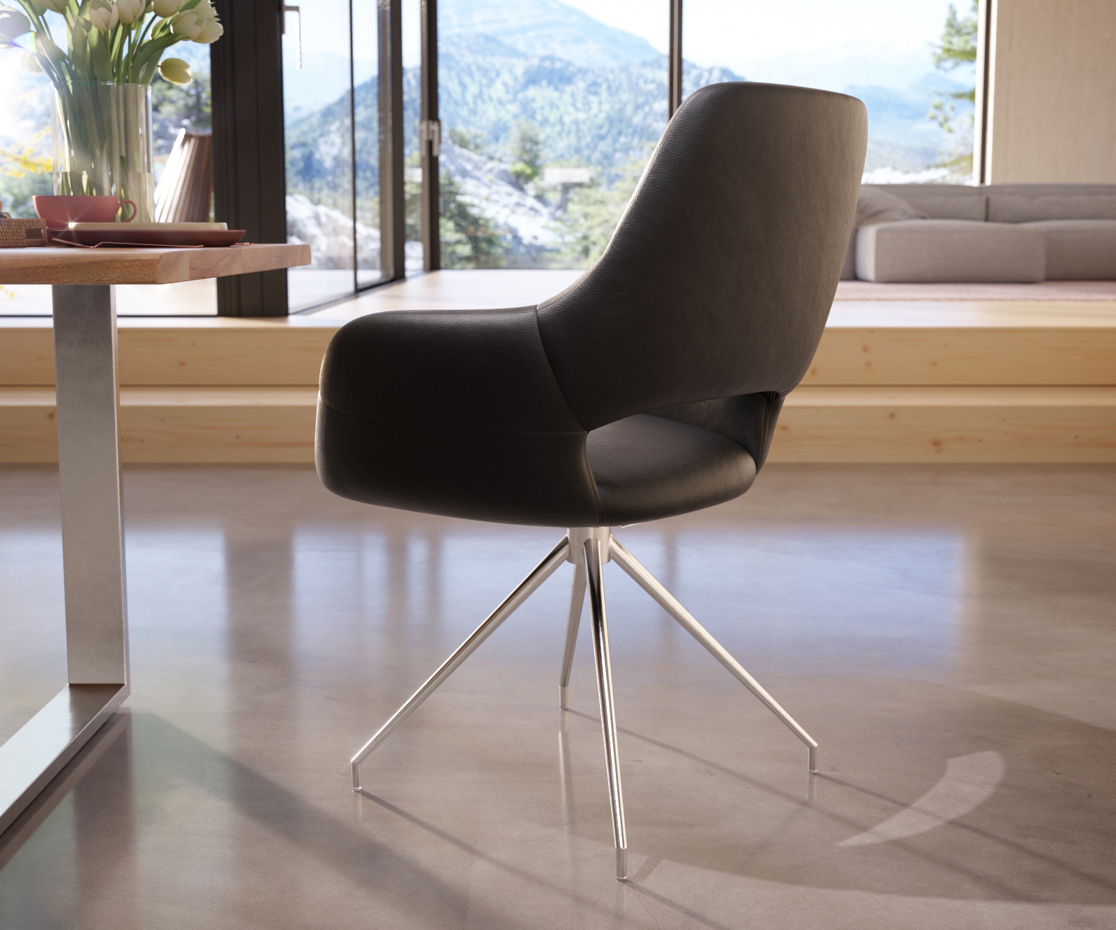 Esszimmerstuhl Yago-Flex mit Armlehnen Echt-Leder Schwarz Kreuzgestell konisch Edelstahl Taschenfederkern 4 Esszimmerstuhl Yago-Flex mit Armlehnen Echt-Leder Schwarz Kreuzgestell konisch Edelstahl Taschenfederkern 4