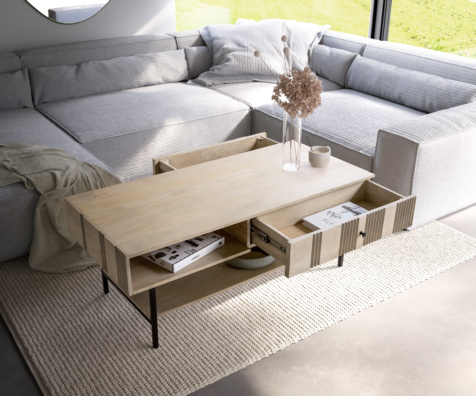 Couchtisch Nereos 130x60 cm Mango White Wash Metall Schwarz 3