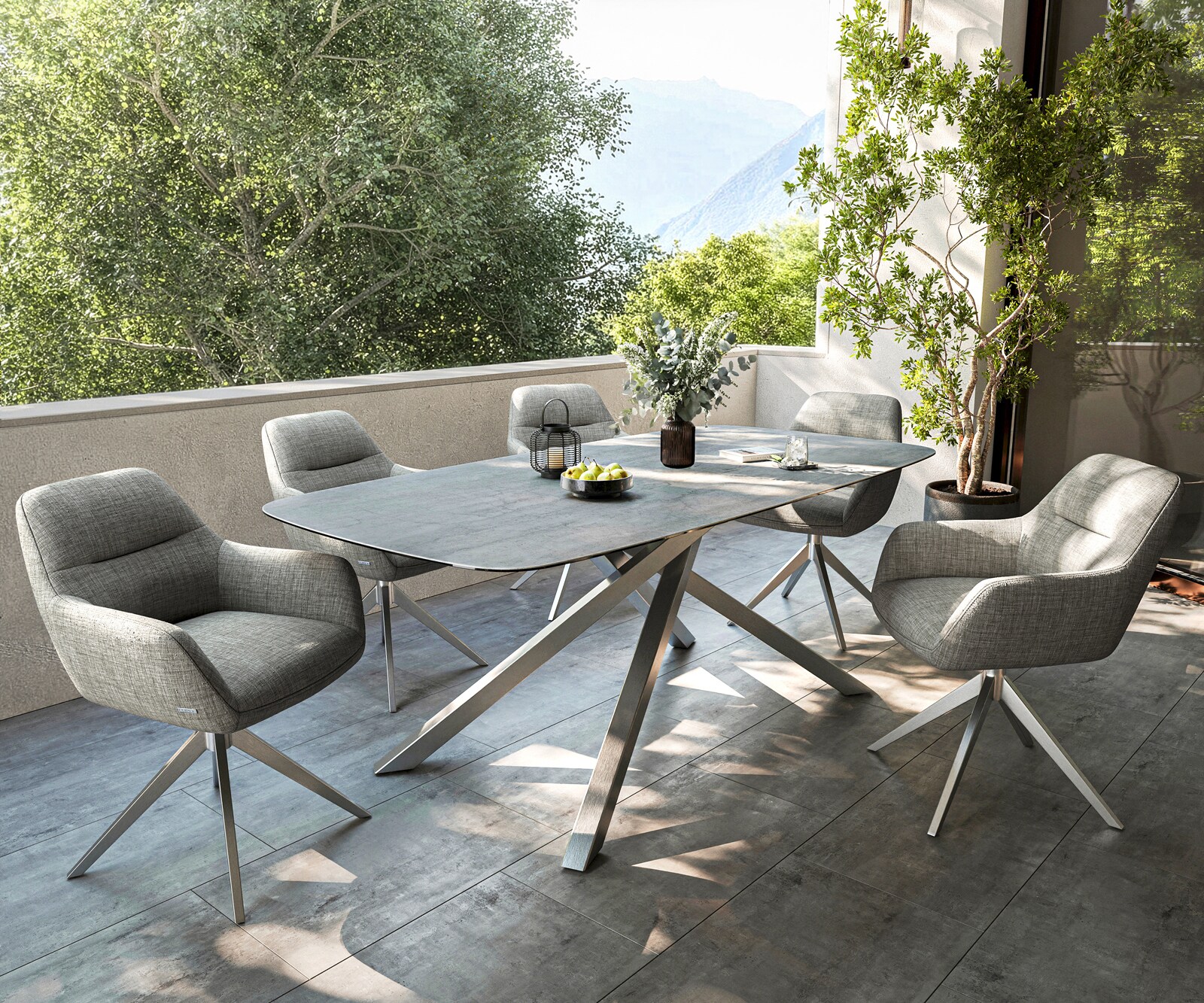 Table d’extérieur Edge bateau 200x100 cm céramique béton gris piètement croisé rectangulaire inox 6