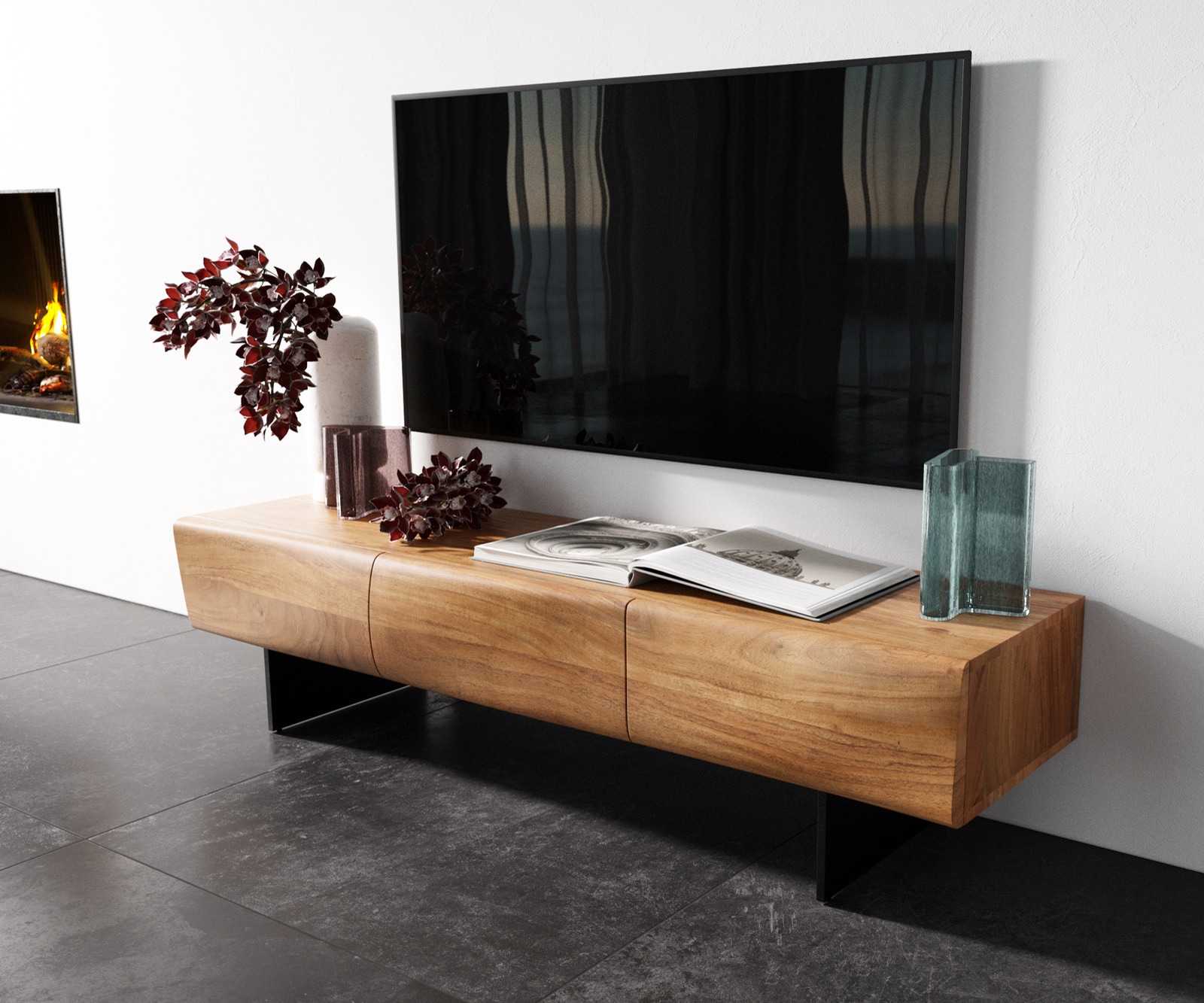 Meuble - TV New Live-Edge 145 cm acacia naturel 3 portes pied flottant métal noir Meuble - TV New Live-Edge 145 cm acacia naturel 3 portes pied flottant métal noir
