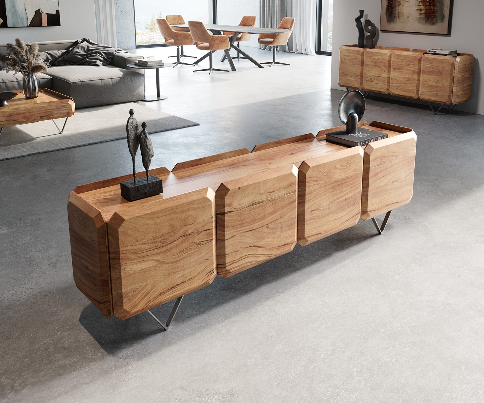 Lowboard Kiano 200 cm Akazie Natur 4 Türen V-Fuß Edelstahl Raumteiler Lowboard Kiano 200 cm Akazie Natur 4 Türen V-Fuß Edelstahl Raumteiler