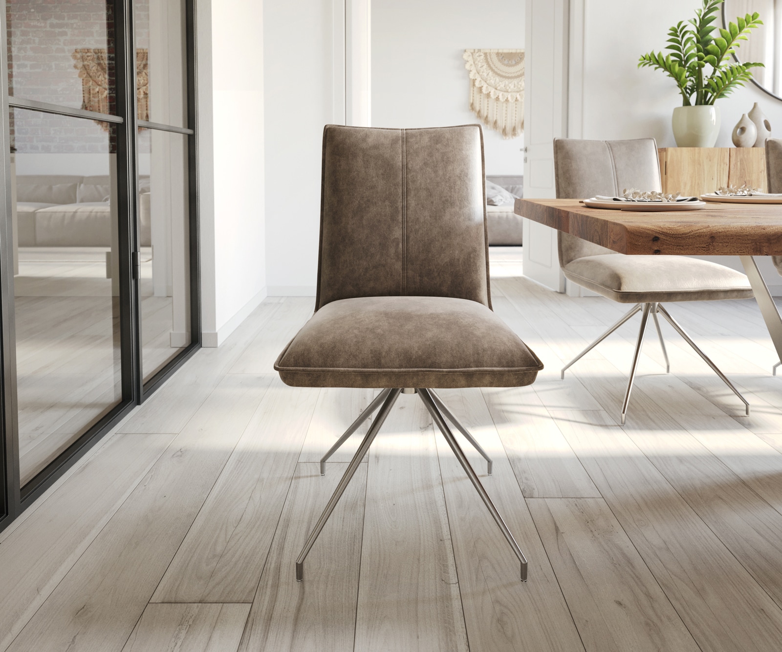 Chaise-de-salle-à-manger Lelio-Flex microvelours taupe vintage pied croisé conique acier inoxydable brossé ressorts ensachés 1