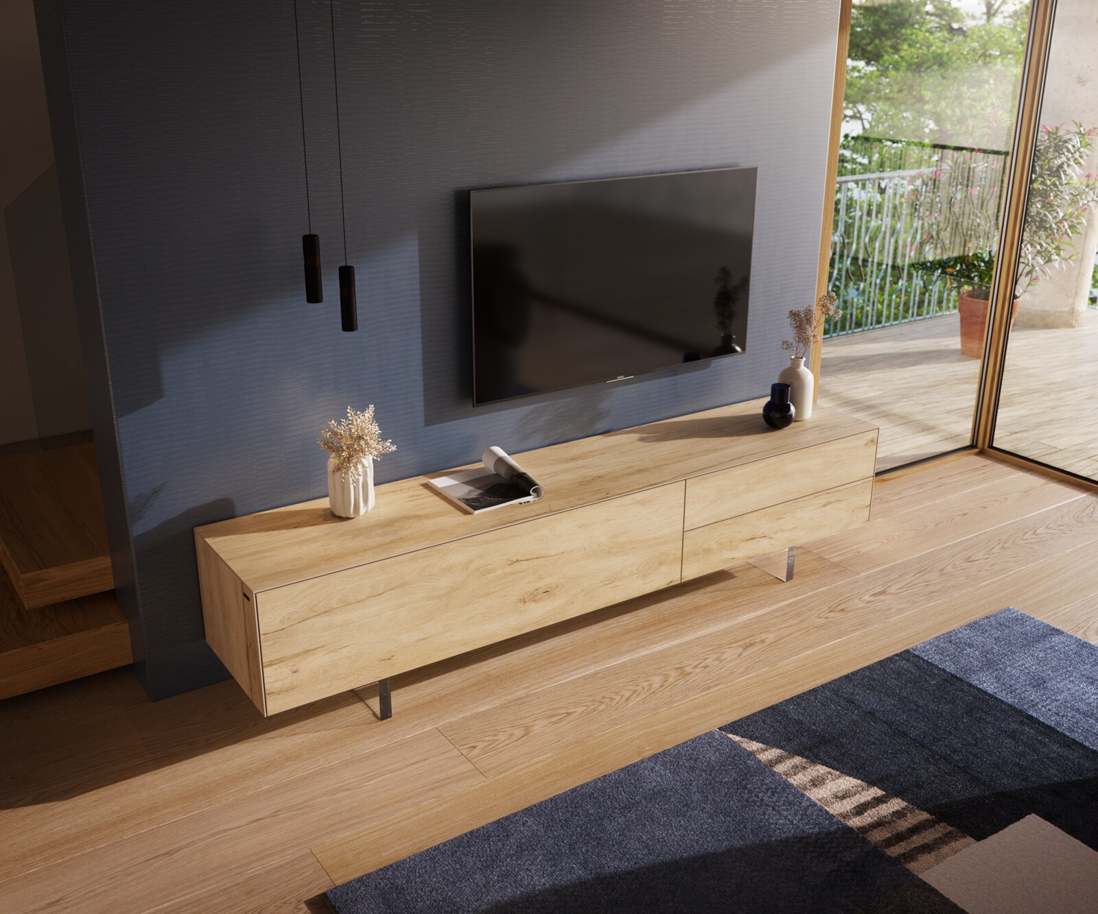 Lowboard Cuor 220 cm Keramik Laminam® Sabbia Eichefarbig 1 Klappe 2 Schubfächer Fuß Schwebeoptik Acrylglas 3