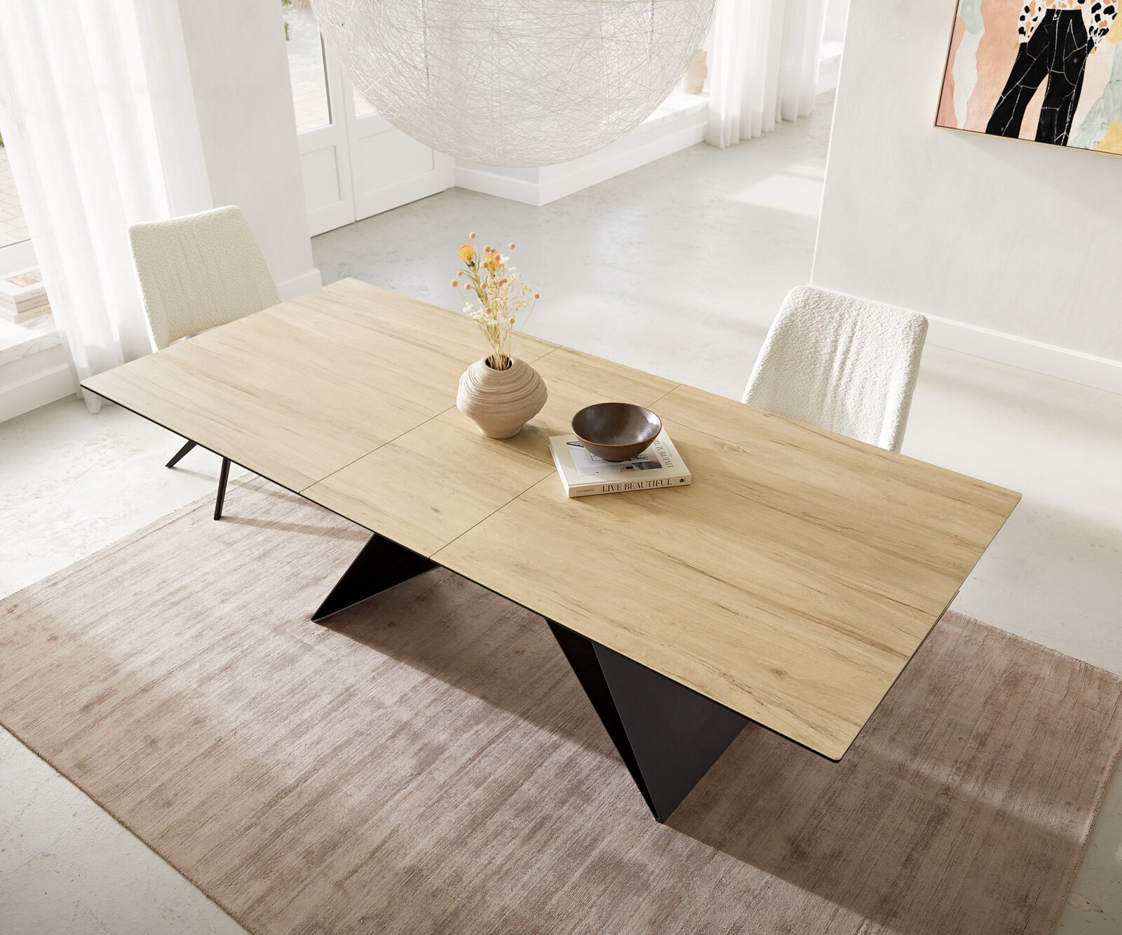 Esstisch Edge 180-220x100 Keramik Laminam® Sabbia Eichefarbig V-Gestell Flachstahl Schwarz ausziehbar 5