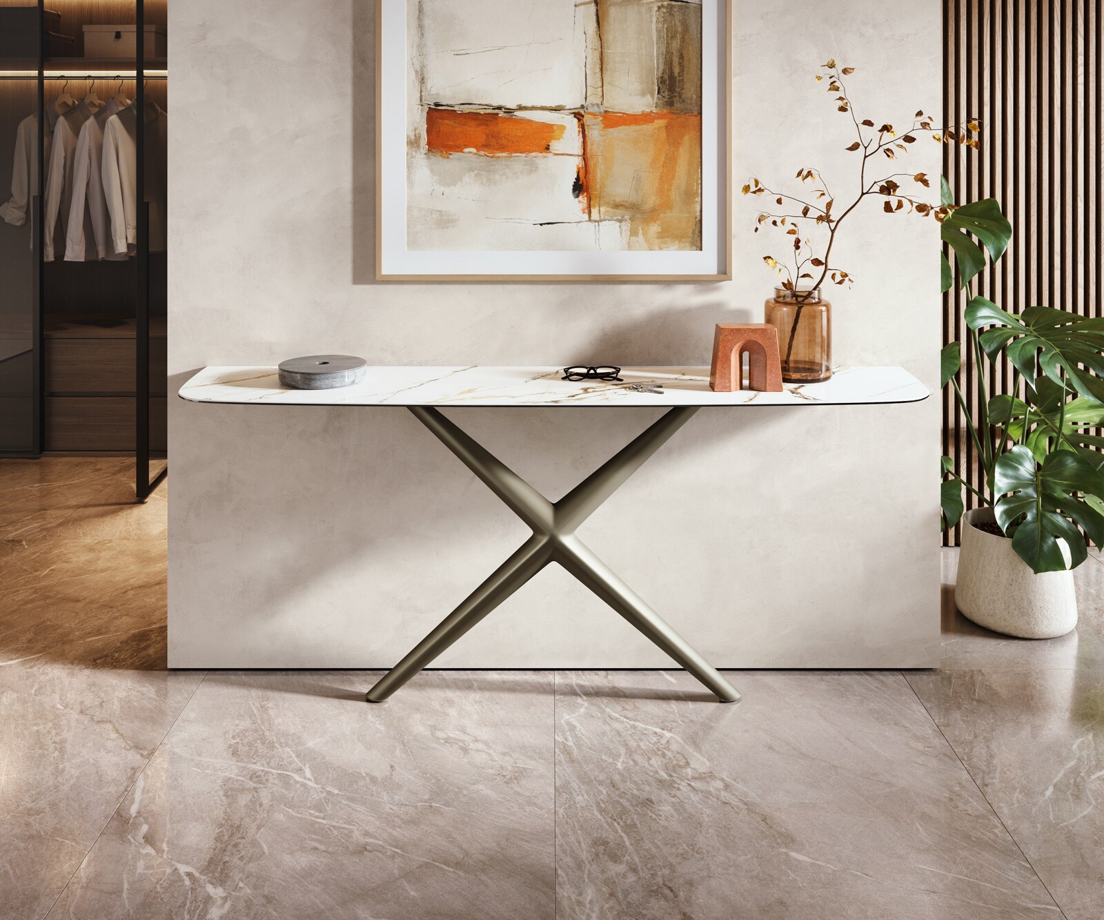 Console Edge forme bateau 180x40 cm Céramique Calacatta Luxe Weiß-Gold-Gris Estelo Métal Effektfinish Titan