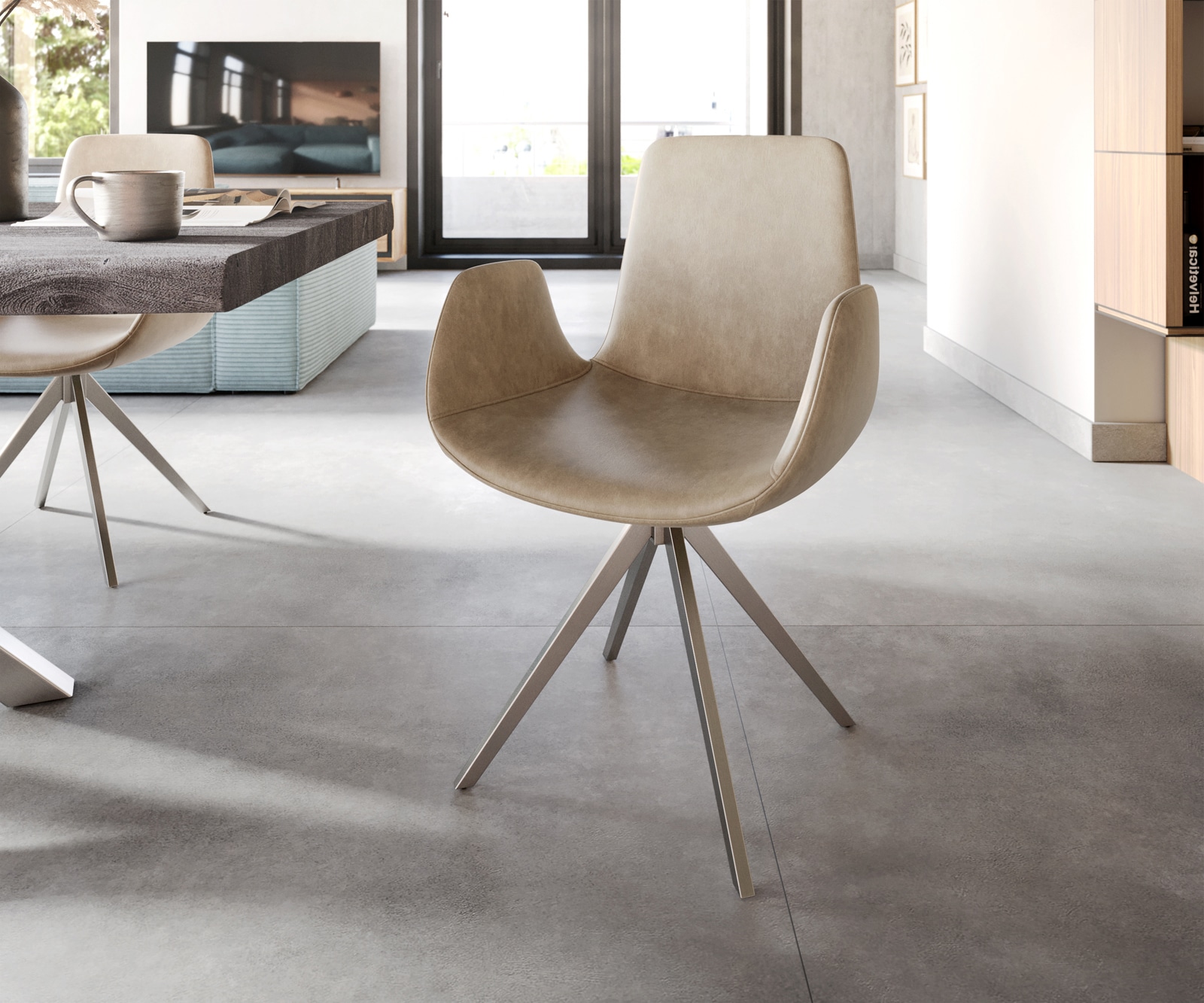 Esszimmerstuhl Ilia-Flex mit Armlehnen Mikrofaser Beige Vintage Kreuzgestell kantig Edelstahl Esszimmerstuhl Ilia-Flex mit Armlehnen Mikrofaser Beige Vintage Kreuzgestell kantig Edelstahl