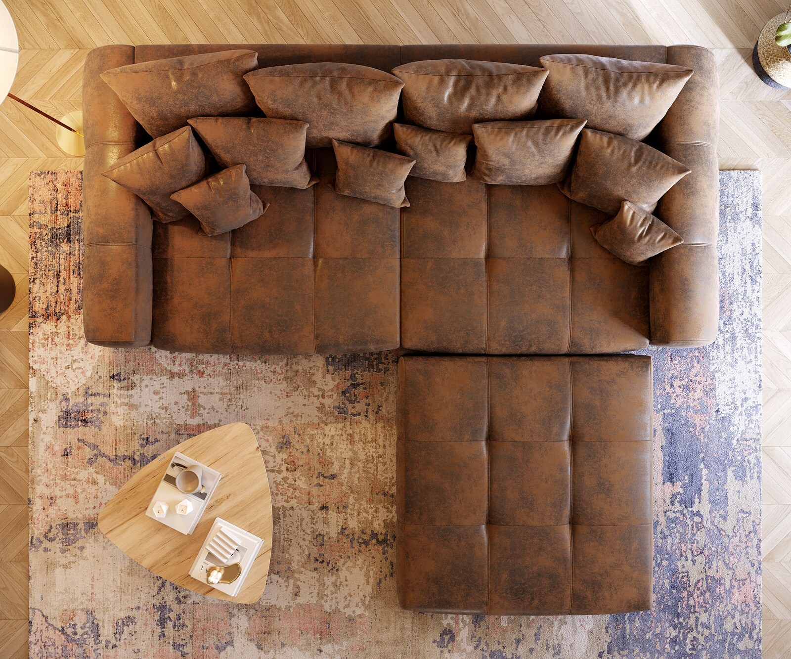 Big-Sofa Violetta 310x135 Braun Antik Optik Hocker Kissen 5