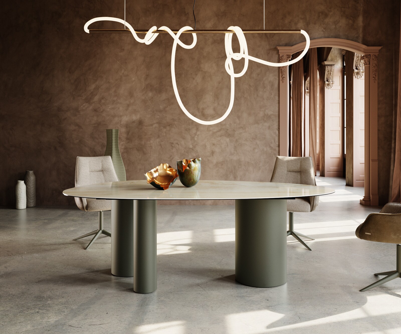 Esstisch Edge Oval 220x120 Keramik Iris FMG Onice Oro Troa Metall Effektfinish Titan 2