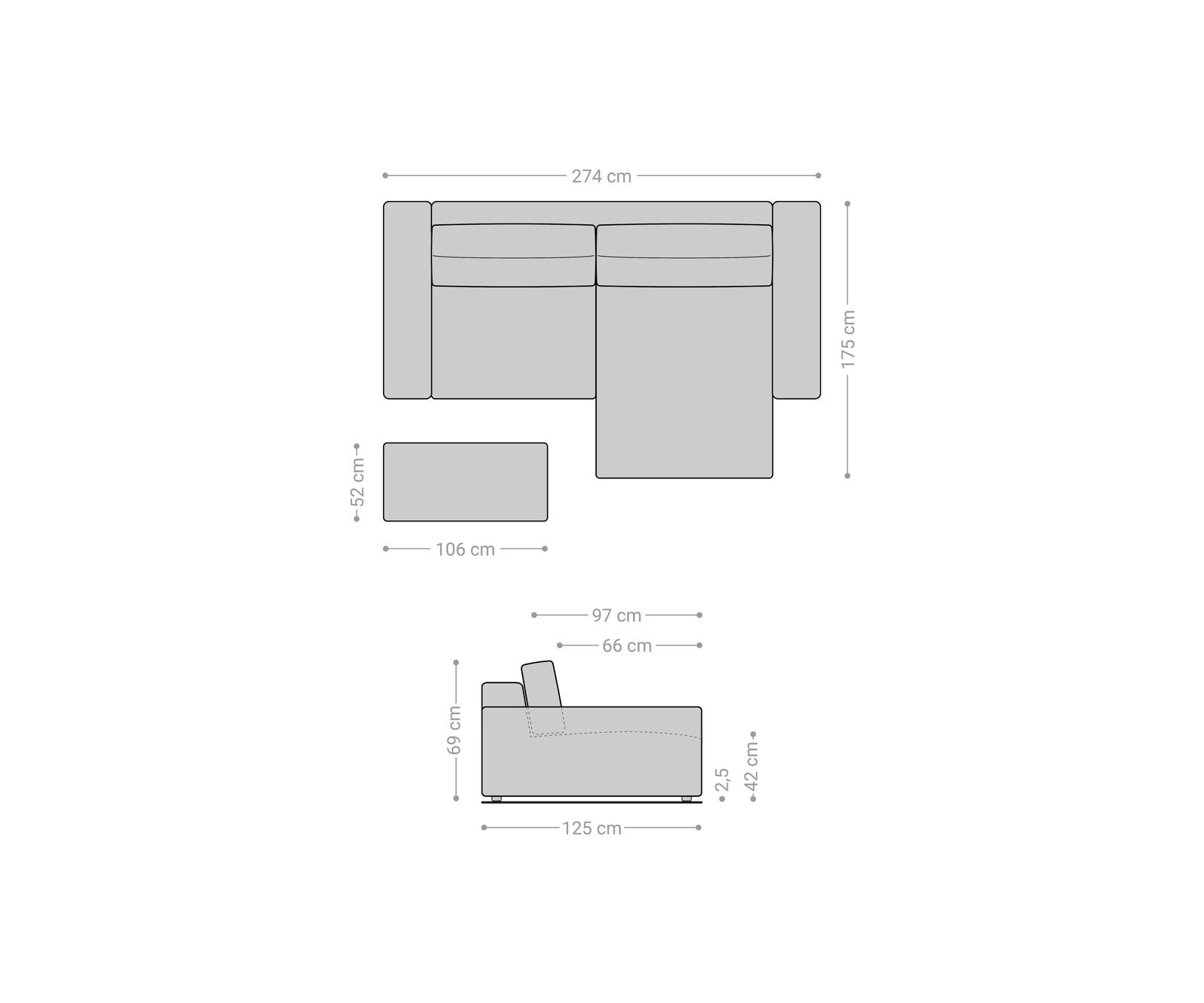 Canapé d'angle Lanzo XL 270x180 cm Microfibre Gris Recamière variable avec Tabouret 6