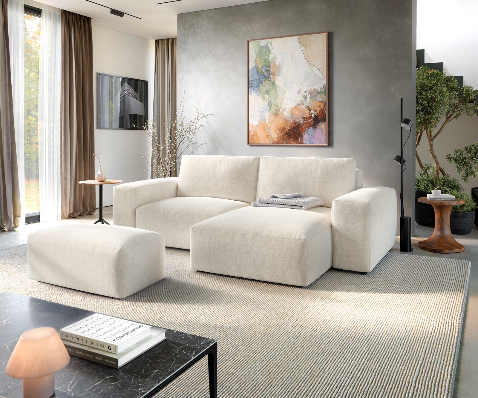 Ecksofa Lanzo 230x155 cm Strukturstoff Soft Beige Recamiere variabel mit Hocker 1