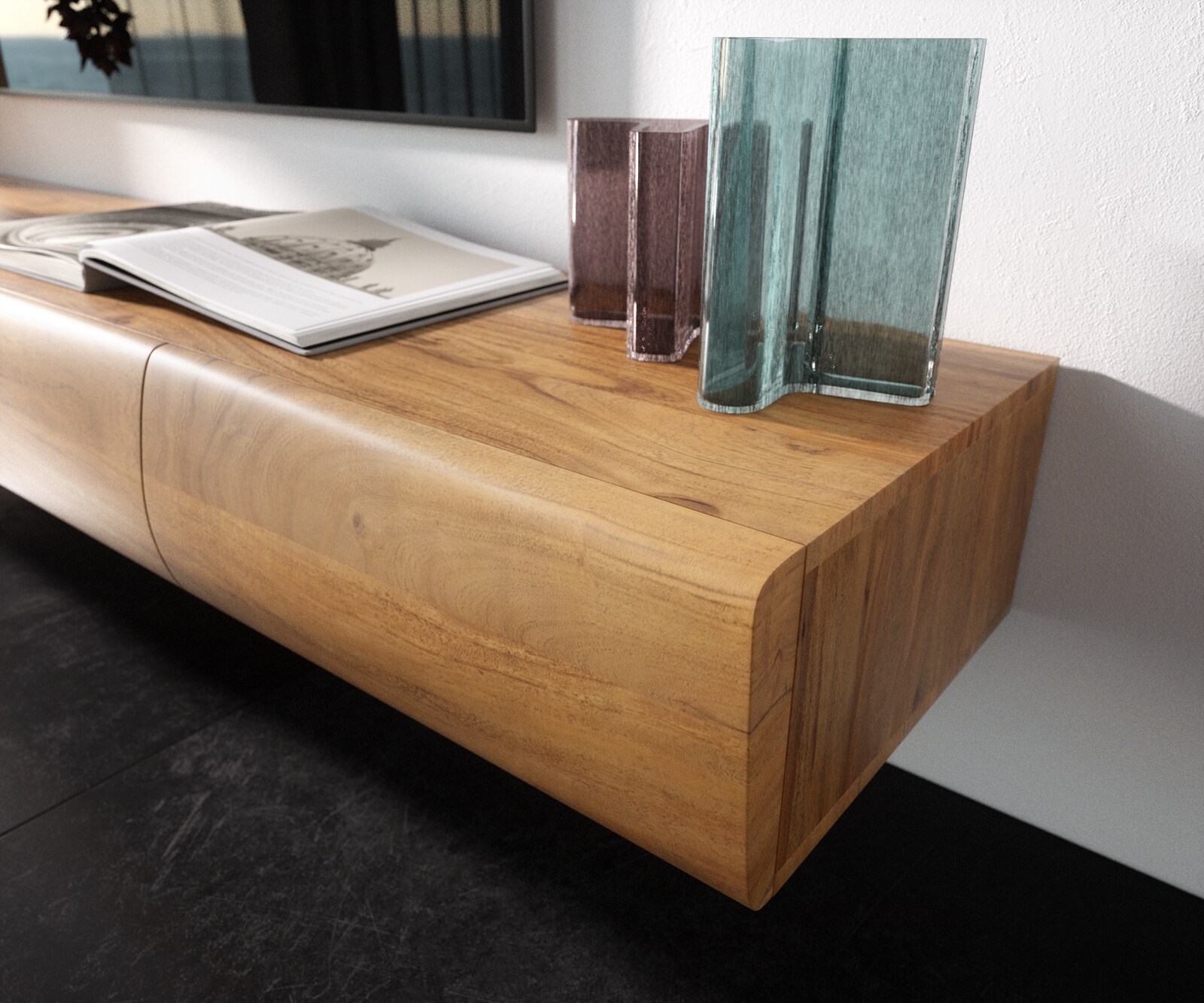 Meuble -TV New Live-Edge 240 cm acacia naturel 4 tiroirs pied en verre 4