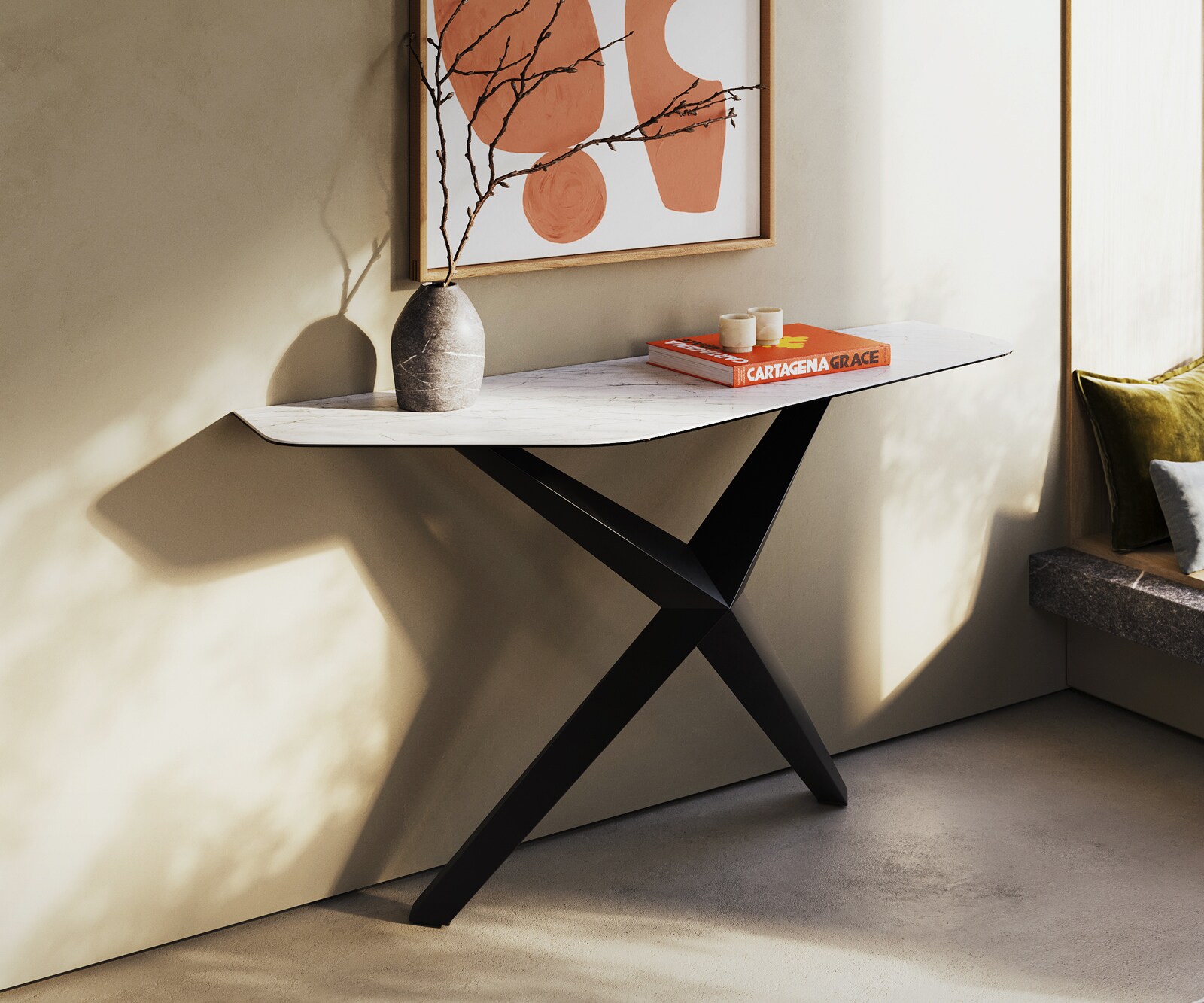 Konsolentisch Edge Polygonal 140x50 cm Keramik Laminam® Statuarietto Weiß Zentharo Metall Schwarz 3
