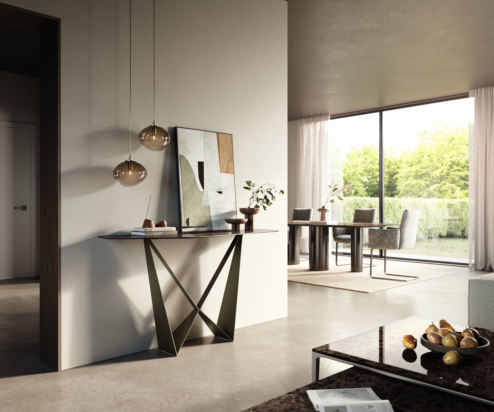 Konsolentisch Edge Polygonal 140x50 cm Keramik Emperador Extra Lucidato Dunkelbraun Spios Metall Effektfinish Titan 7