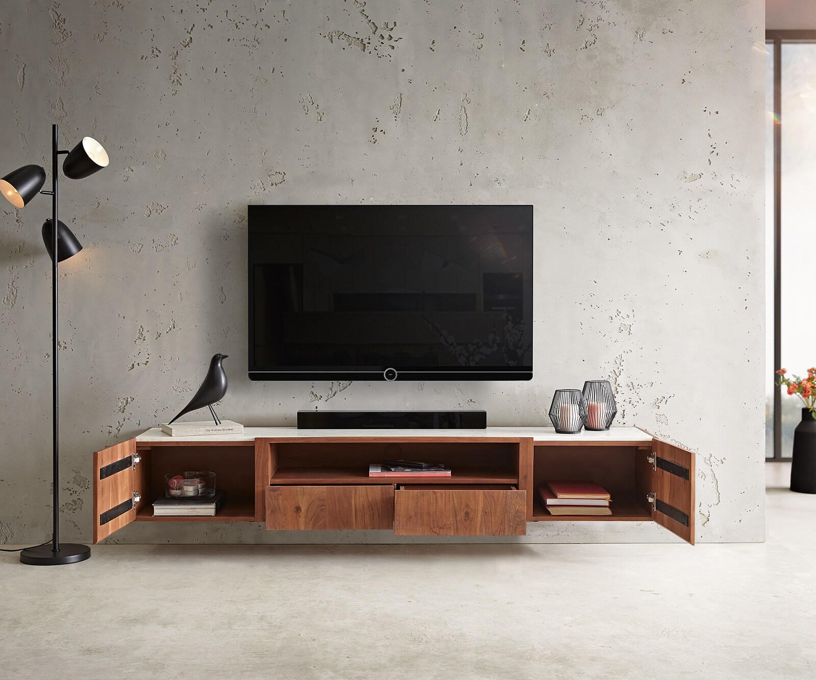 Meuble-TV Secara 200 cm acacia marron 2 portes 2 tiroirs marbre flottant 3