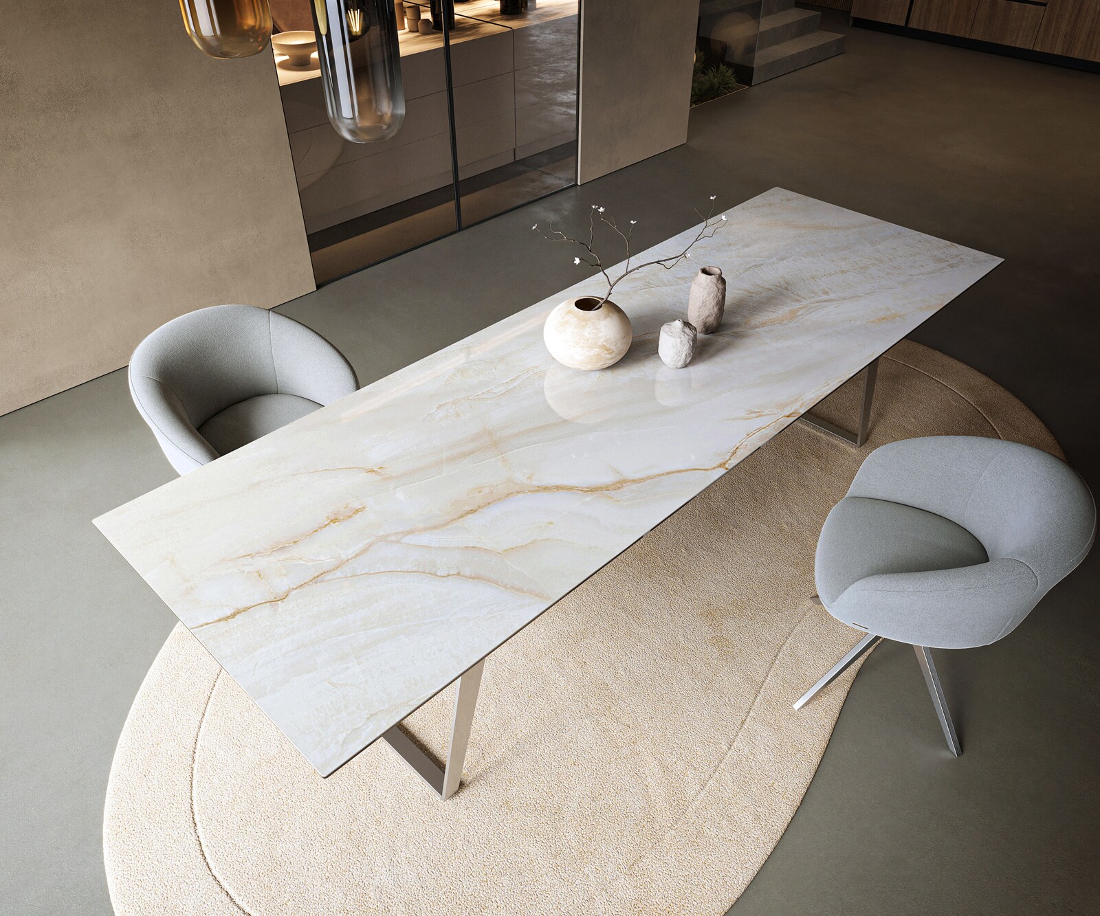 Table à manger Edge 300x100 cm céramique Onyx Pearl inox incliné 3