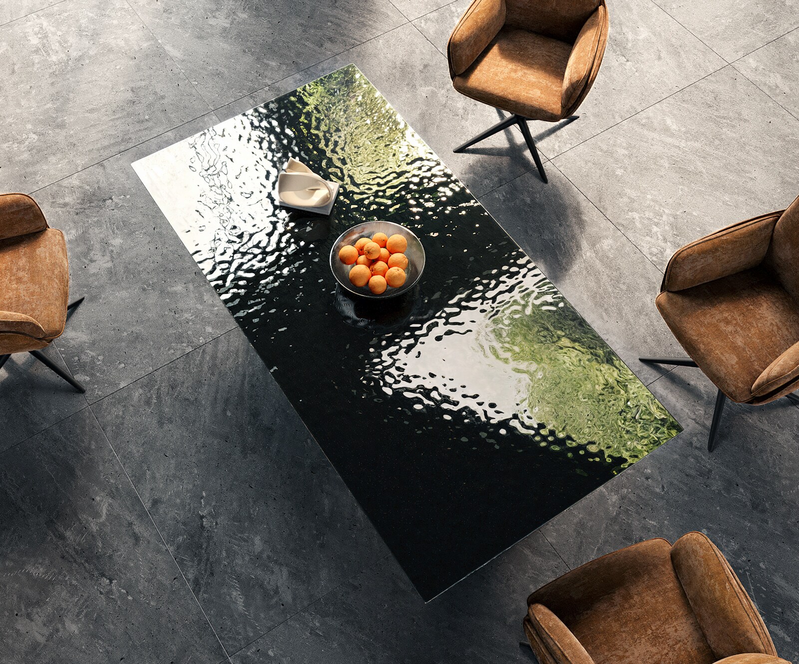 Table à manger Edge 200x100 verre fondu noir fumé relief en 3D Spider acier plat noir 4