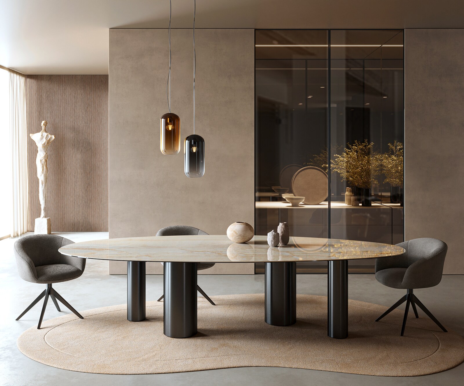 Table à manger Edge Oval 315x150 cm Céramique Iris FMG Onice Oro Pilier Métal Noir 1