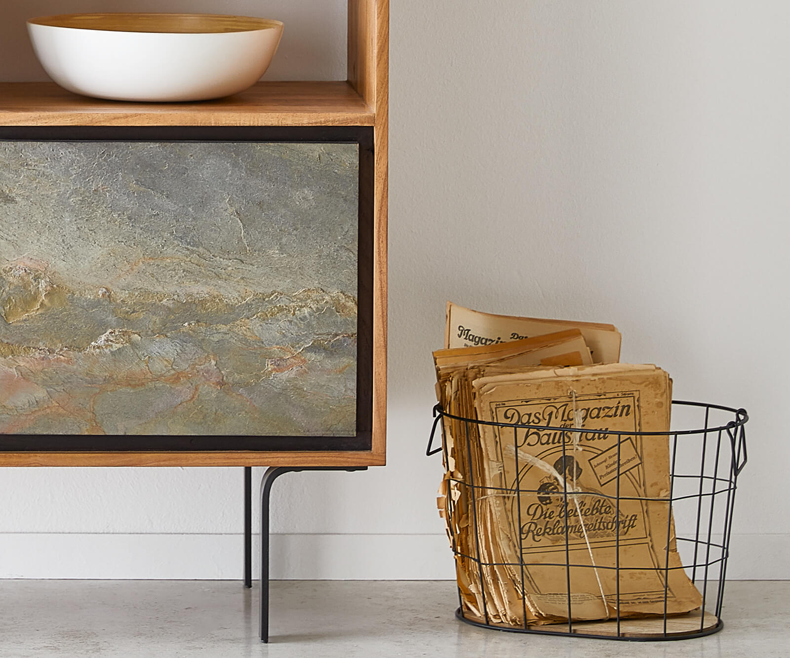 Buffet-haut Juwelo 88x135 cm acacia naturel avec placage de pierre  6